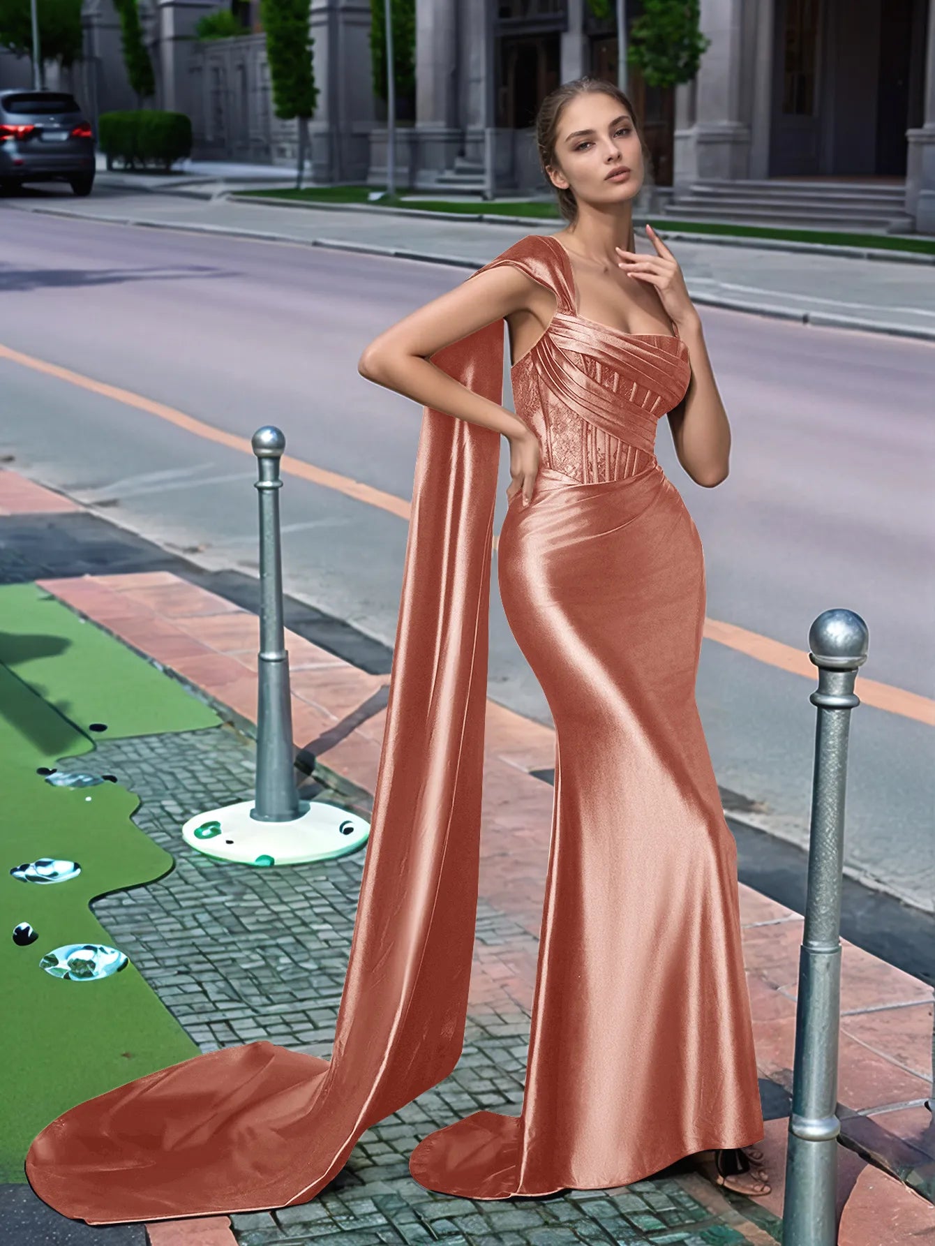 One Shoulder Lace Long Prom Dress With Drop Train