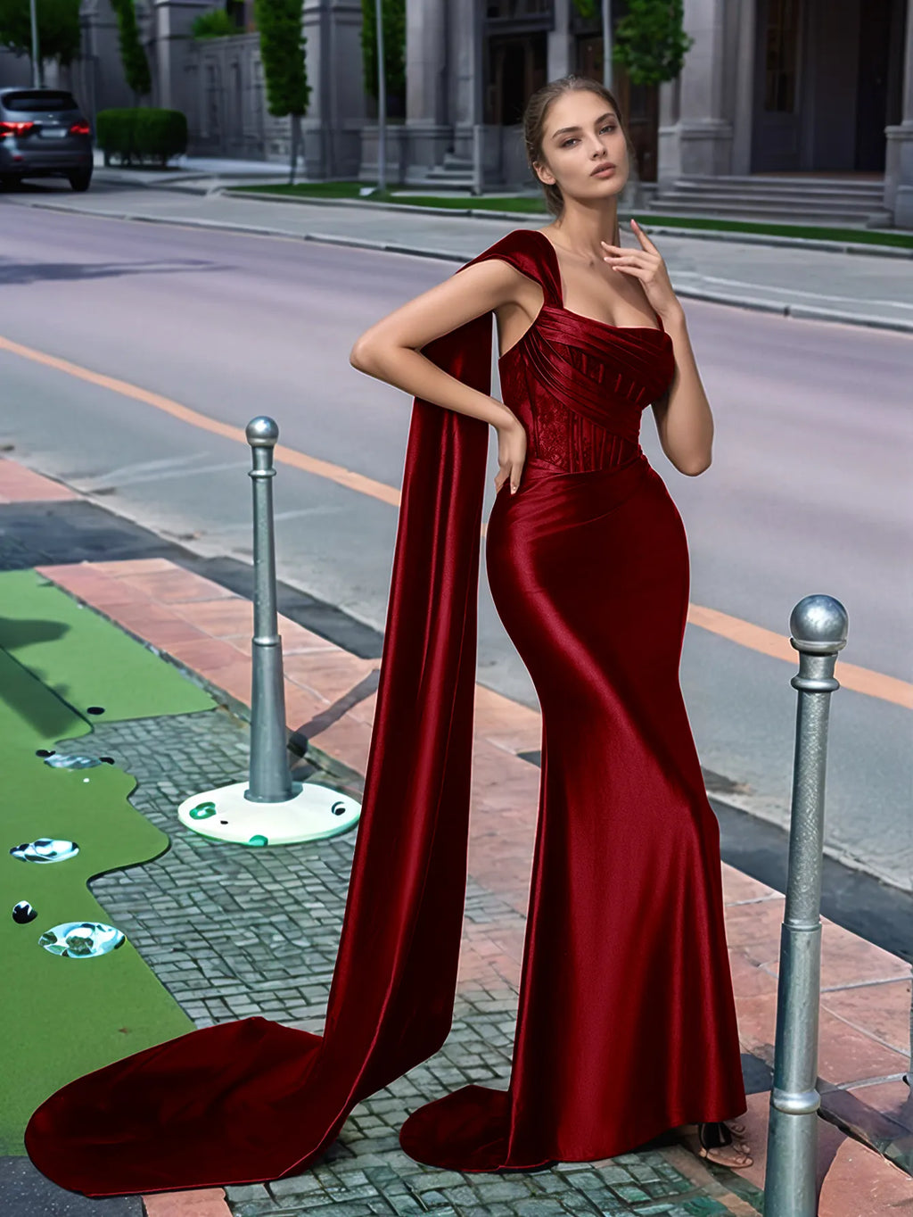 Langes, einseitig schulterfreies Spitzen-Abendkleid mit Schleppe