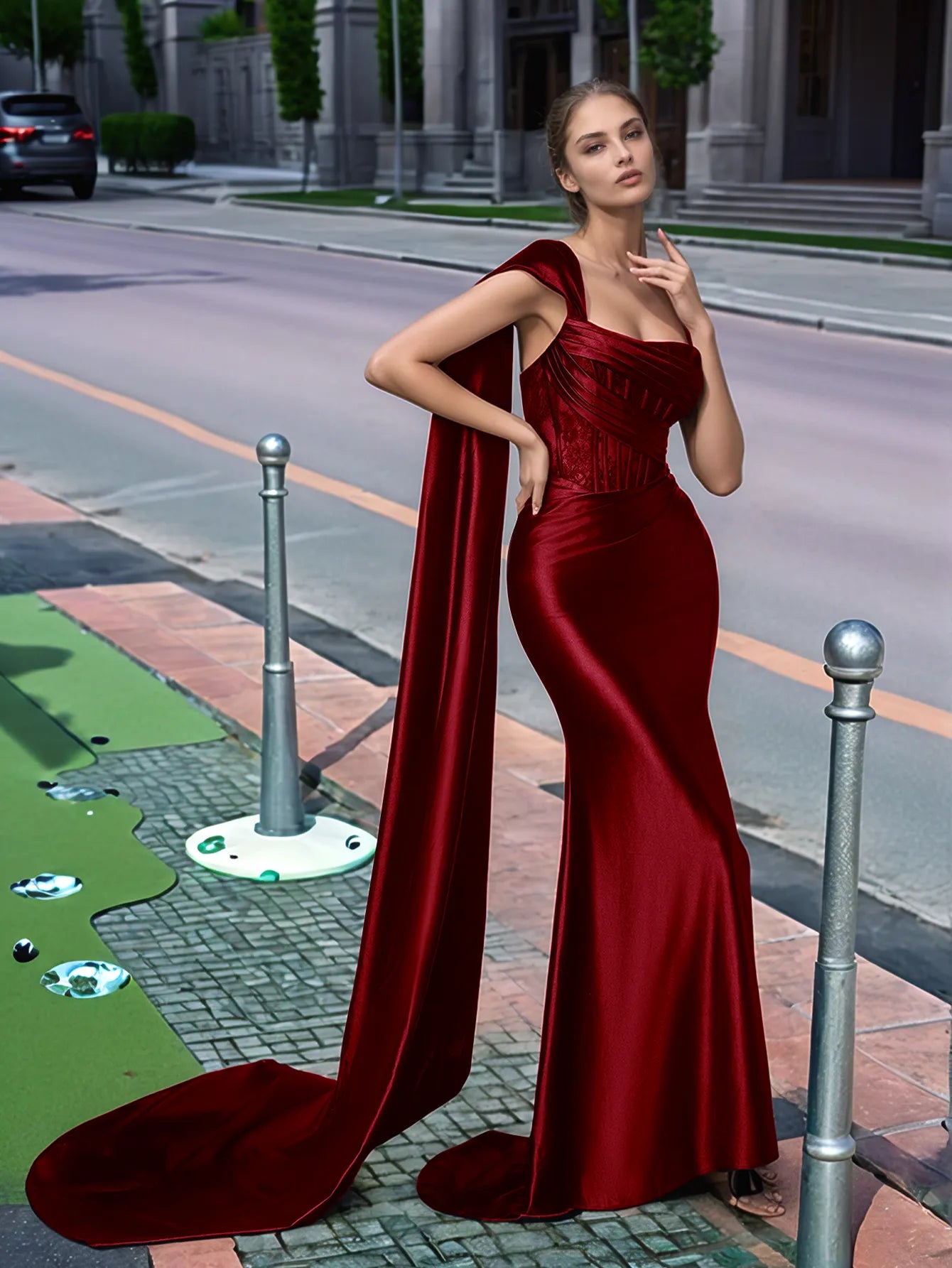 One Shoulder Lace Long Prom Dress With Drop Train