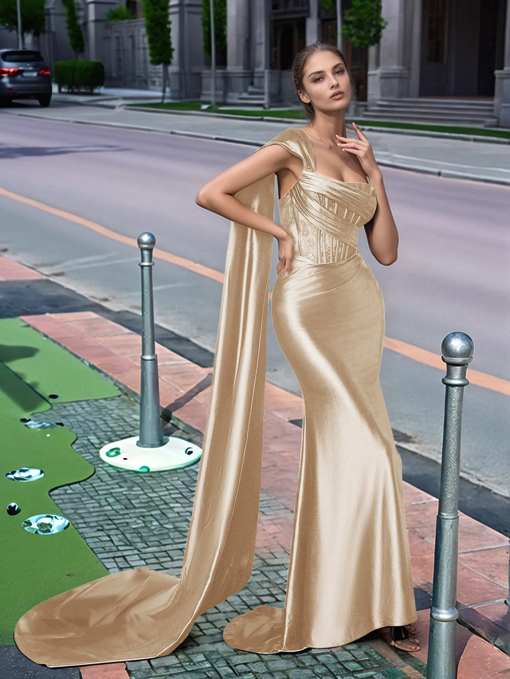 Langes, einseitig schulterfreies Spitzen-Abendkleid mit Schleppe
