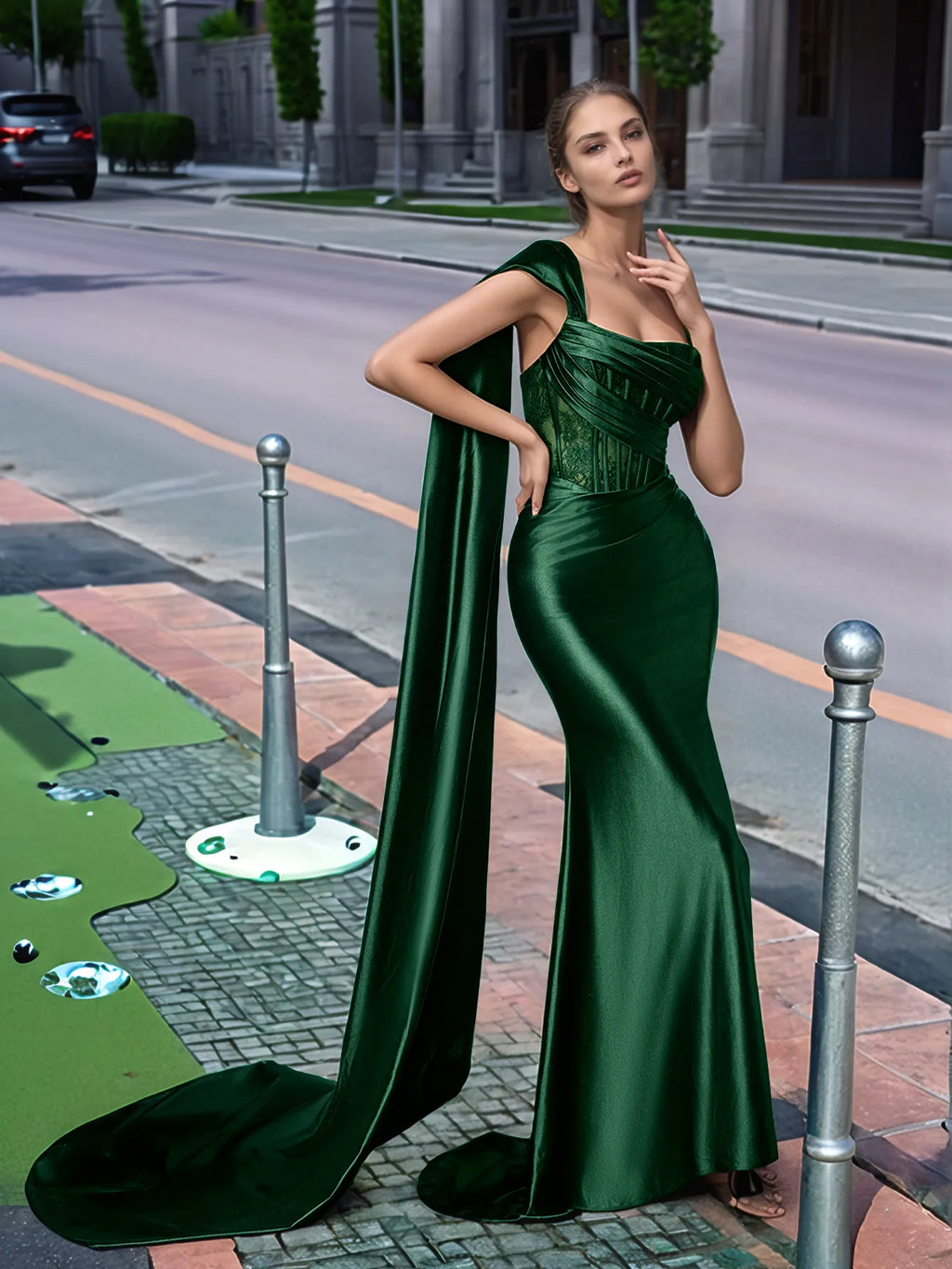 Langes, einseitig schulterfreies Spitzen-Abendkleid mit Schleppe