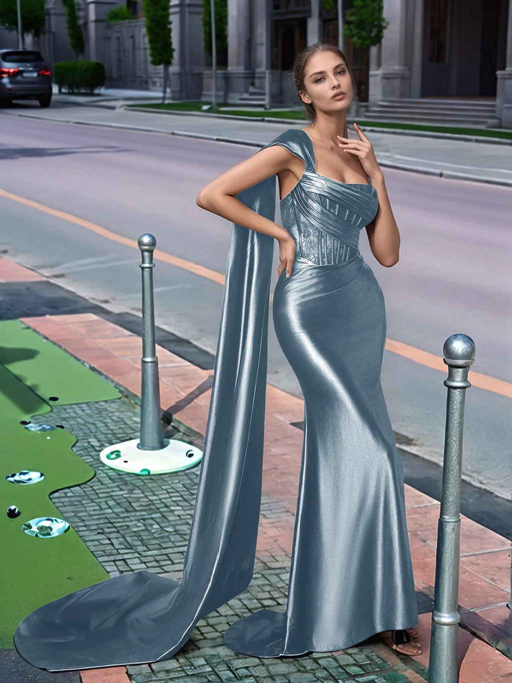Langes, einseitig schulterfreies Spitzen-Abendkleid mit Schleppe