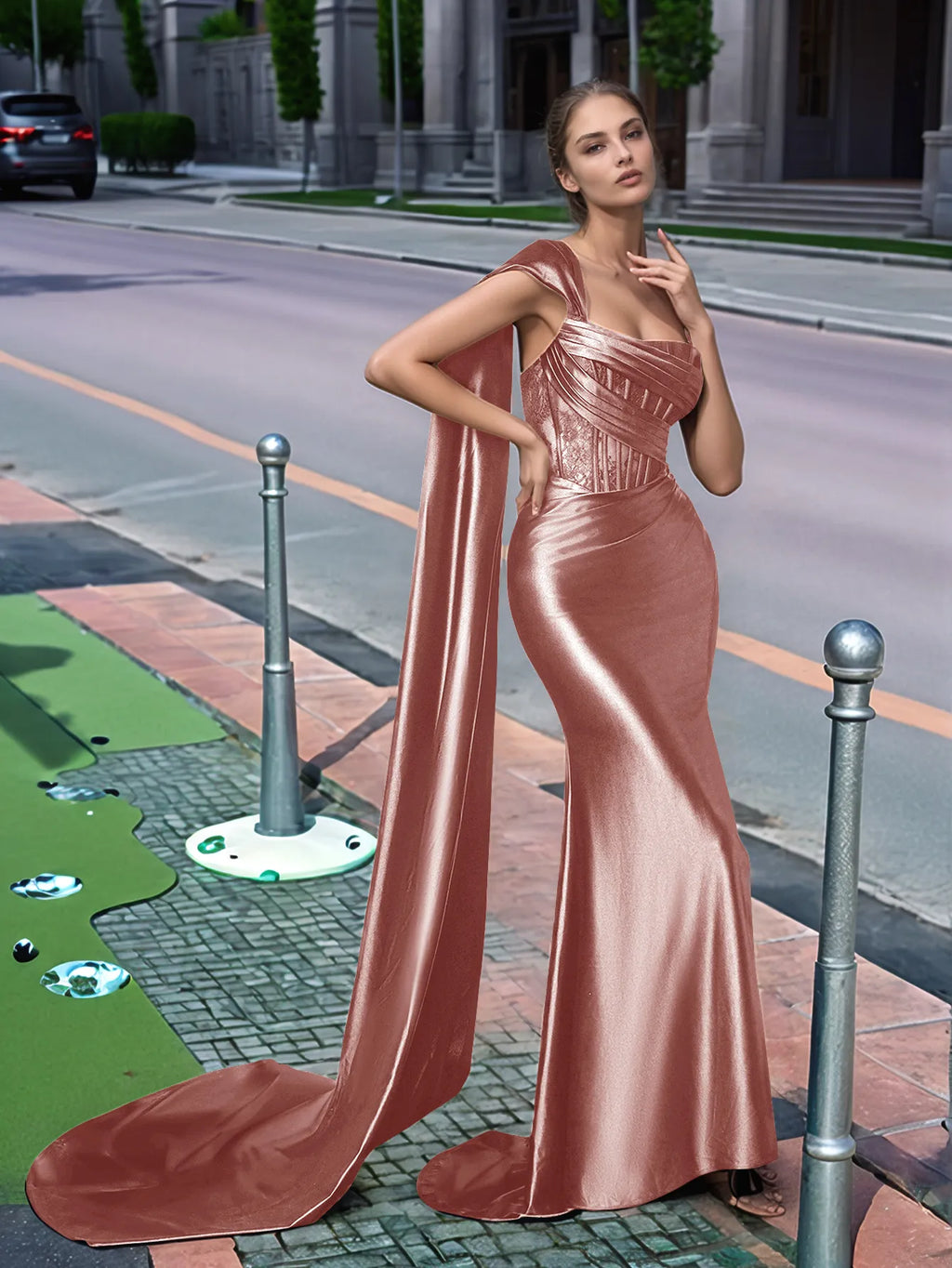 Langes, einseitig schulterfreies Spitzen-Abendkleid mit Schleppe