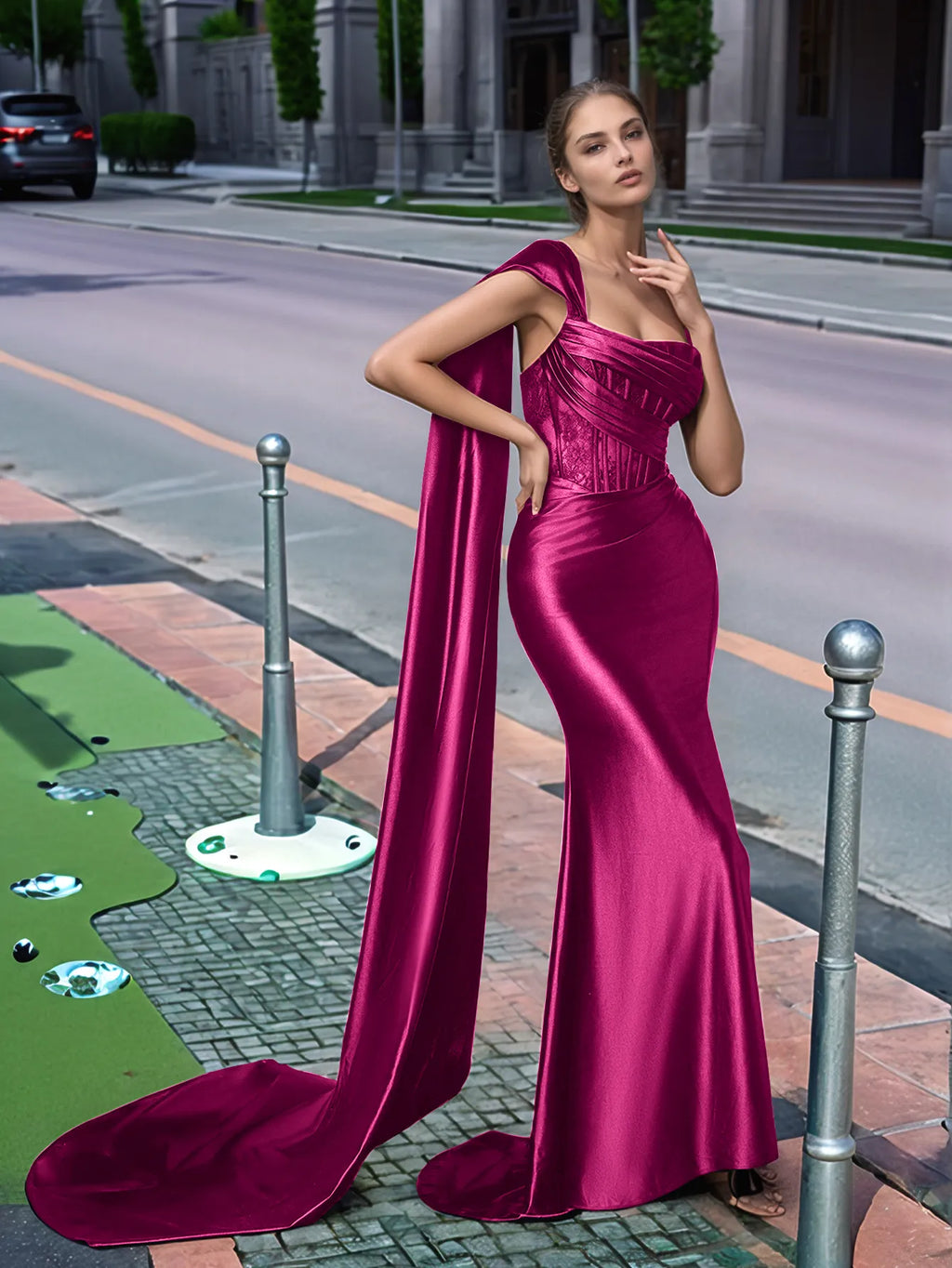 Langes, einseitig schulterfreies Spitzen-Abendkleid mit Schleppe