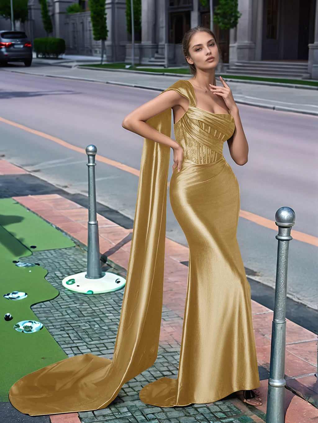 Langes, einseitig schulterfreies Spitzen-Abendkleid mit Schleppe