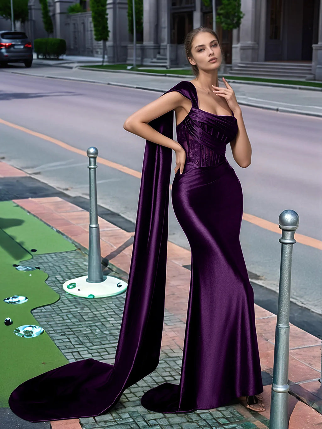 Langes, einseitig schulterfreies Spitzen-Abendkleid mit Schleppe