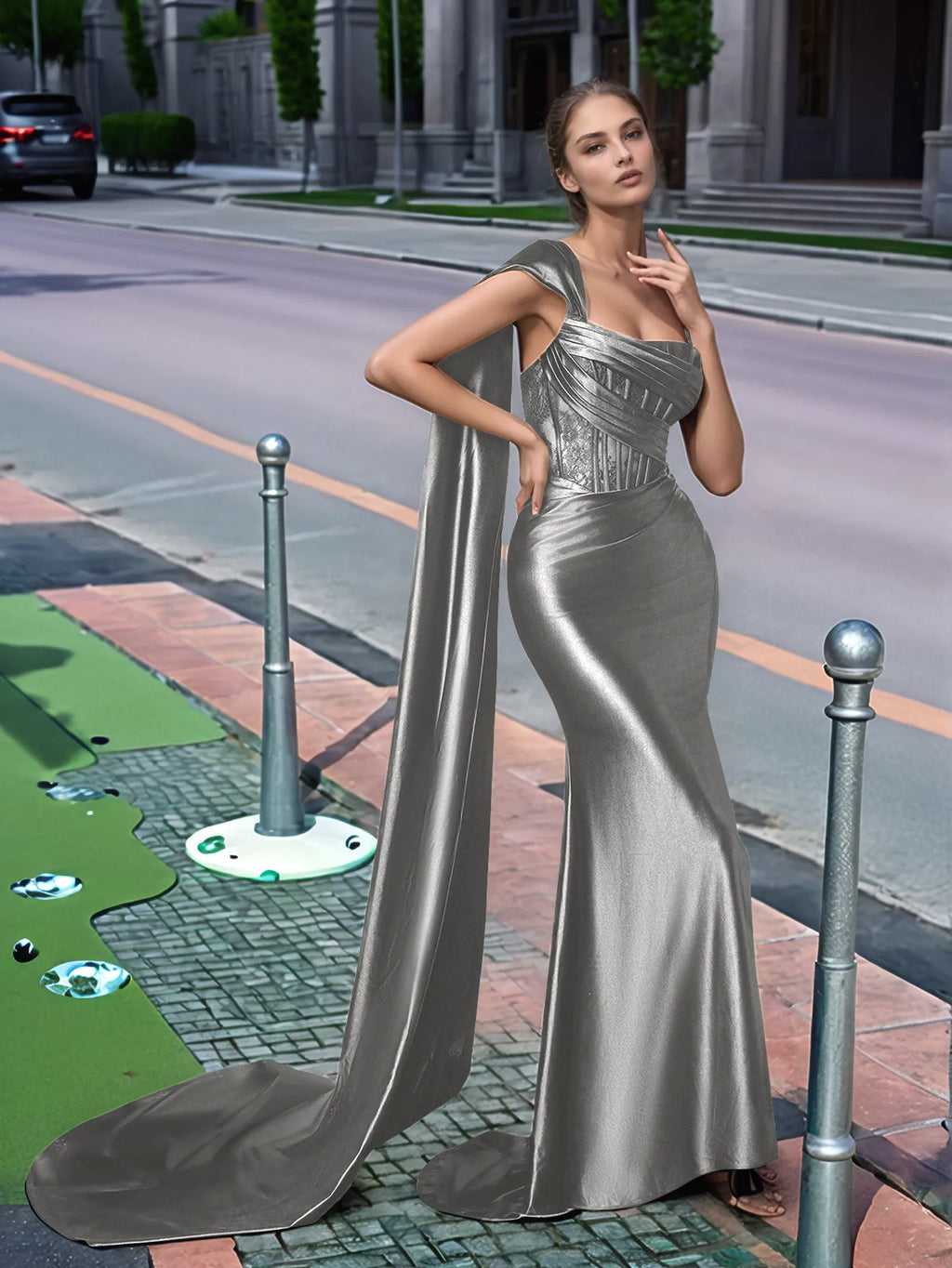 Langes, einseitig schulterfreies Spitzen-Abendkleid mit Schleppe