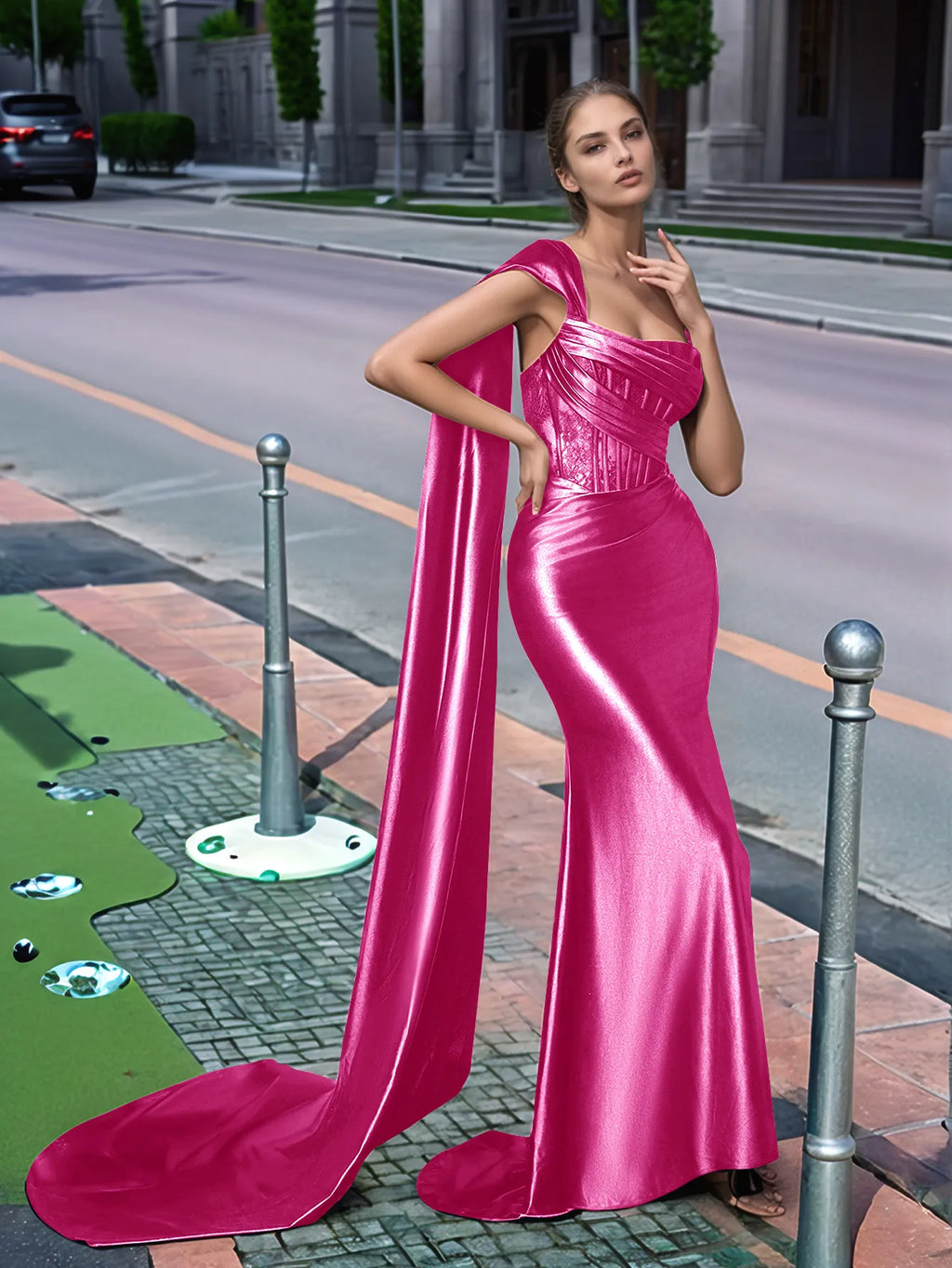 Langes, einseitig schulterfreies Spitzen-Abendkleid mit Schleppe