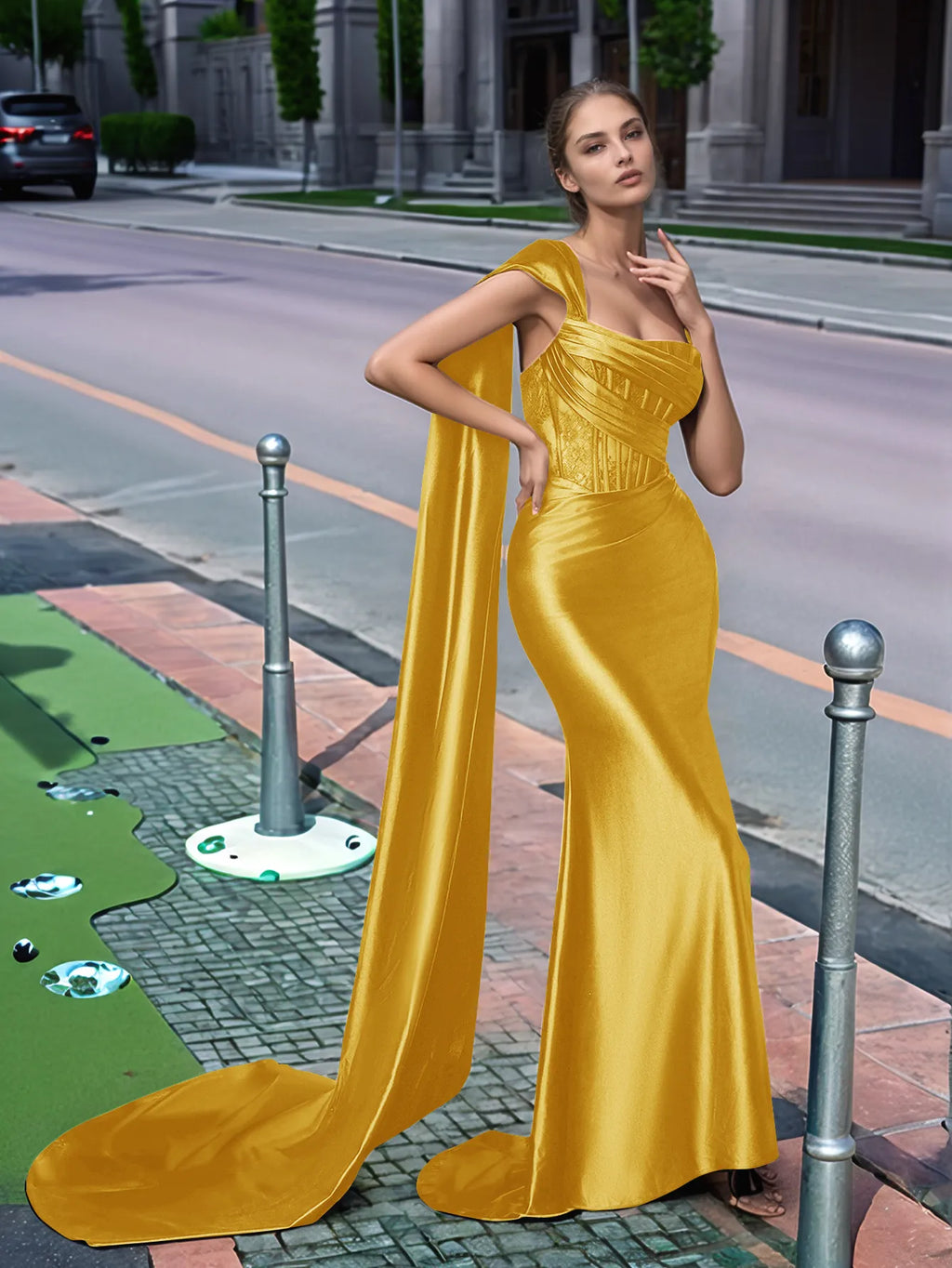Langes, einseitig schulterfreies Spitzen-Abendkleid mit Schleppe