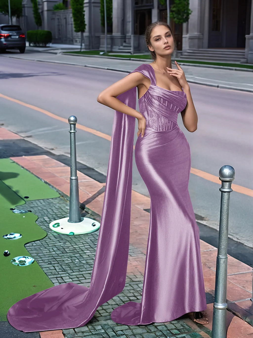 Langes, einseitig schulterfreies Spitzen-Abendkleid mit Schleppe