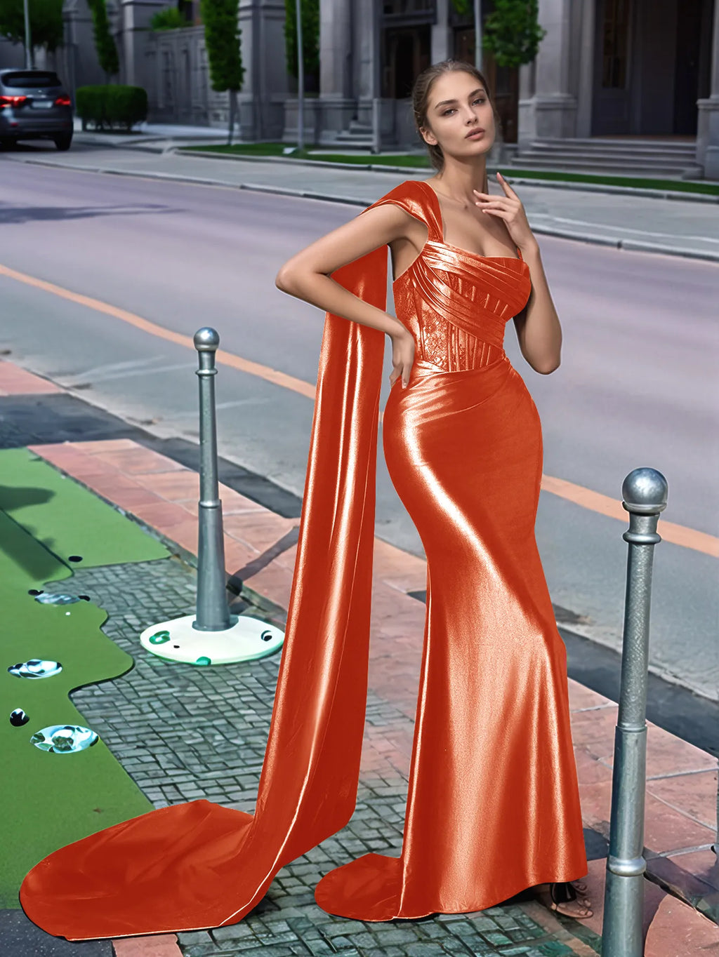 Langes, einseitig schulterfreies Spitzen-Abendkleid mit Schleppe