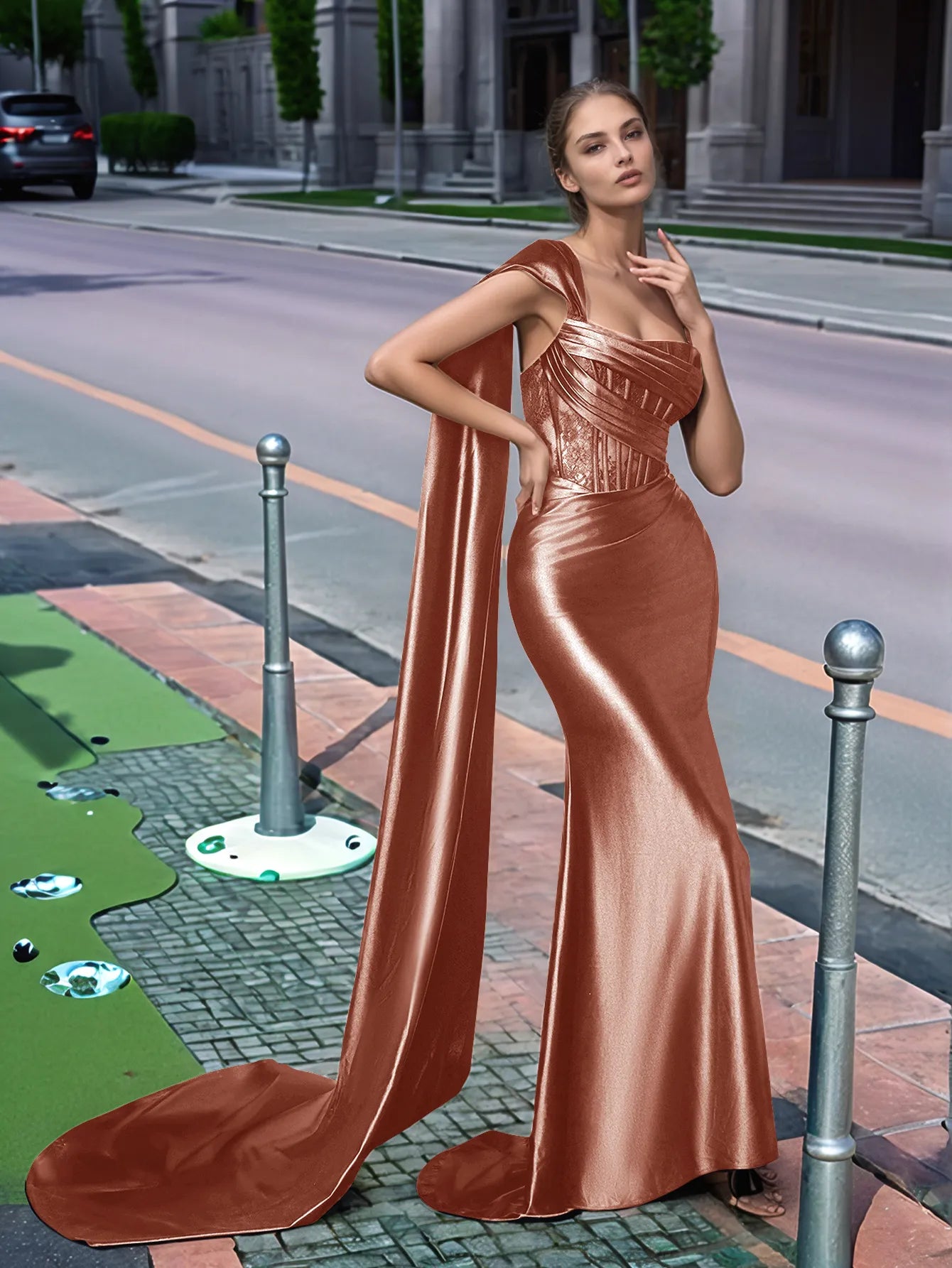 One Shoulder Lace Long Prom Dress With Drop Train