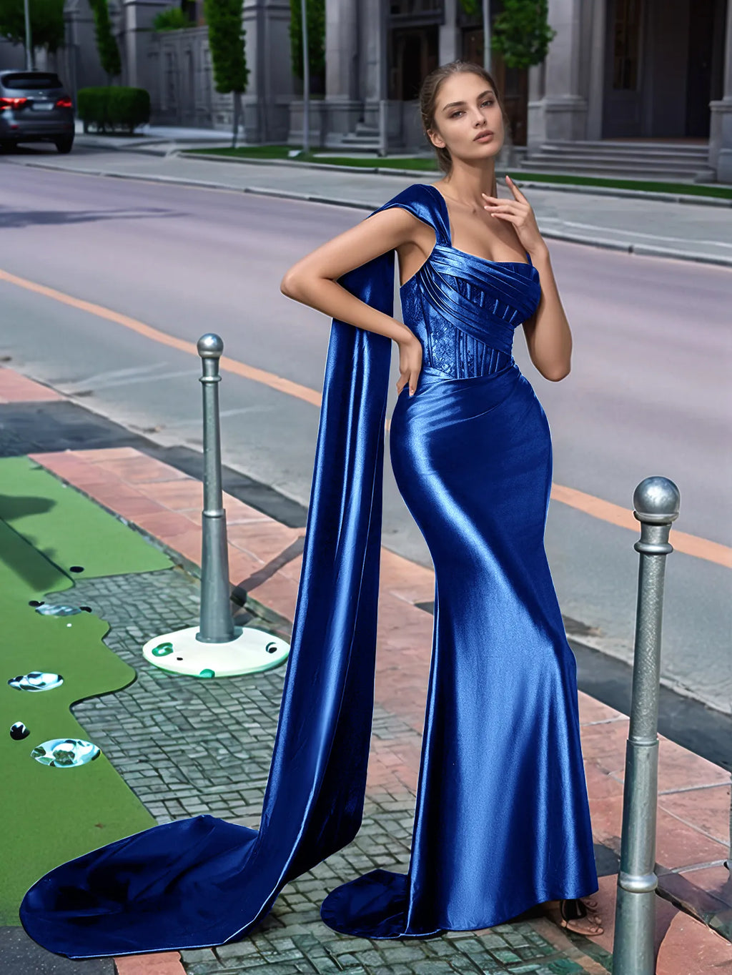 Langes, einseitig schulterfreies Spitzen-Abendkleid mit Schleppe