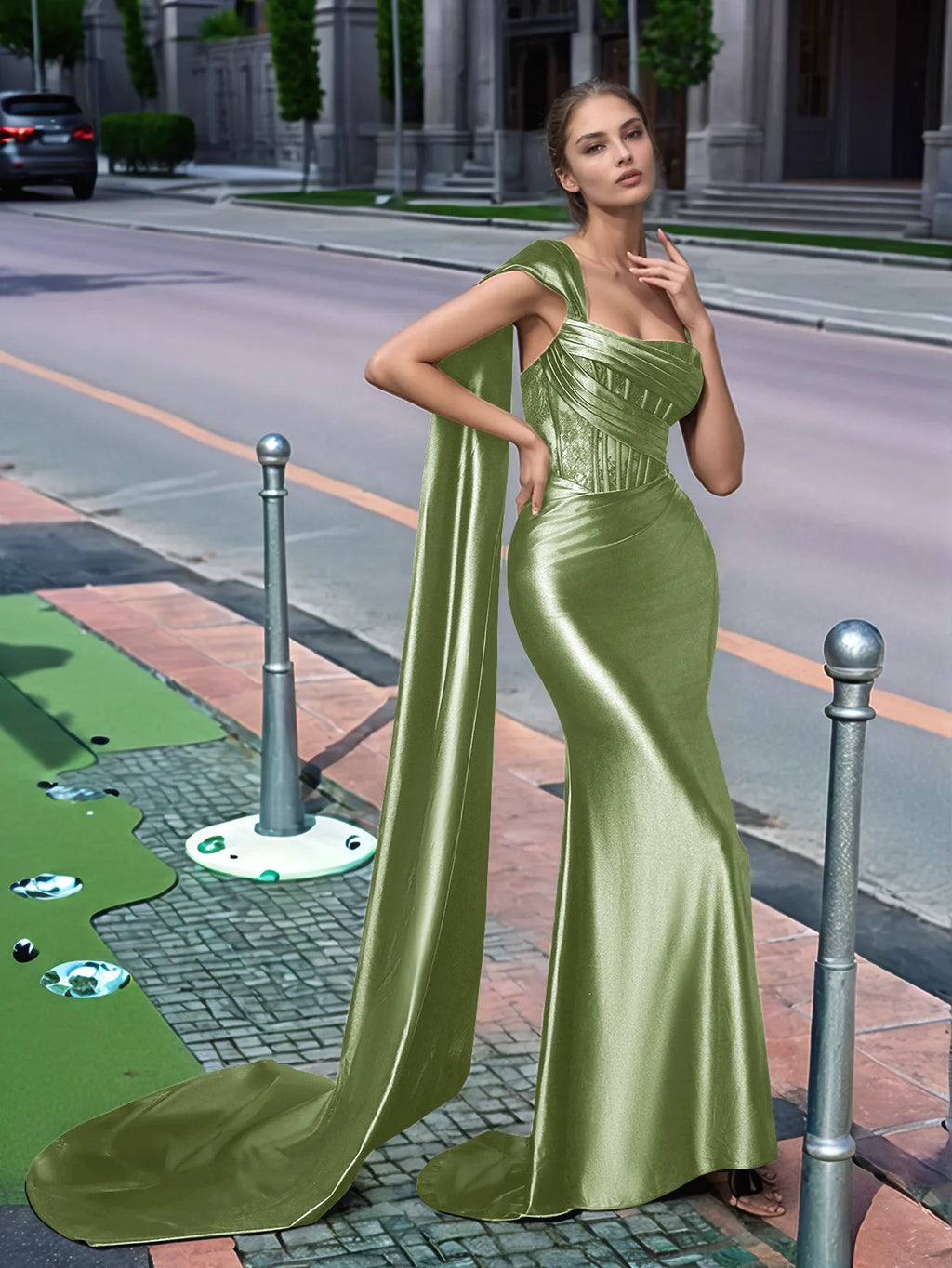 Langes, einseitig schulterfreies Spitzen-Abendkleid mit Schleppe