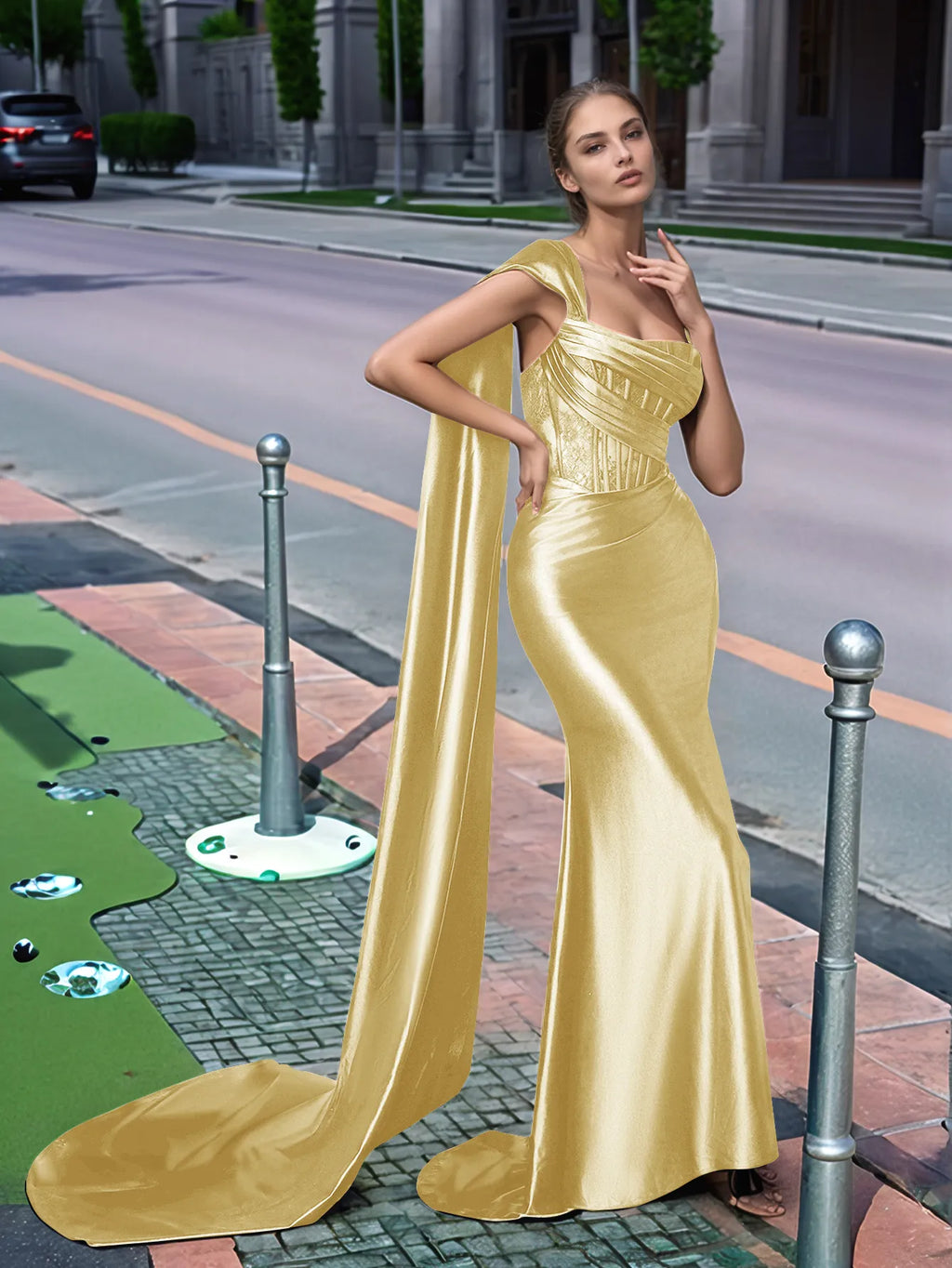 Langes, einseitig schulterfreies Spitzen-Abendkleid mit Schleppe