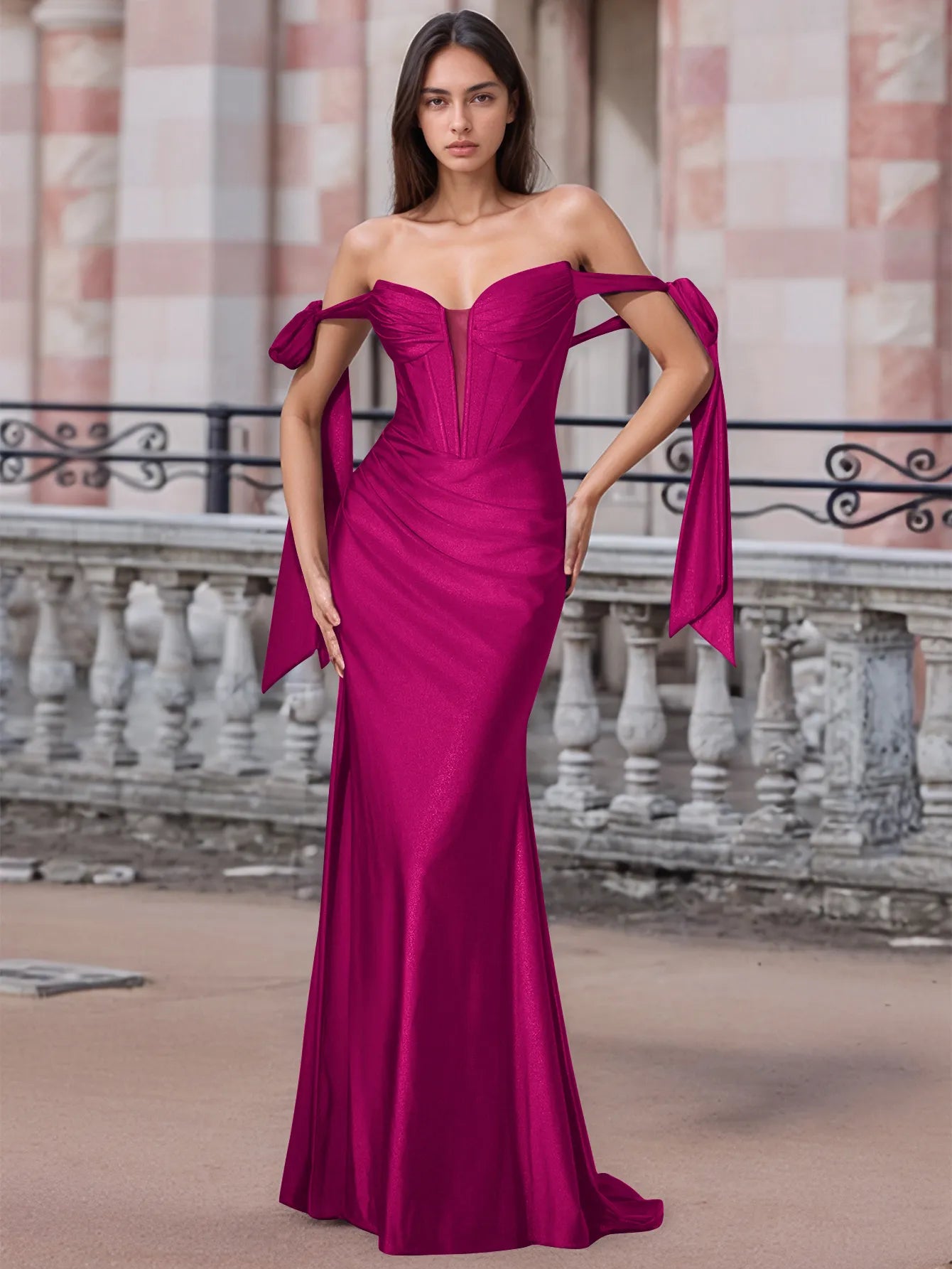 Off Shoulder Lace Up Bow Trumpet Prom Dress