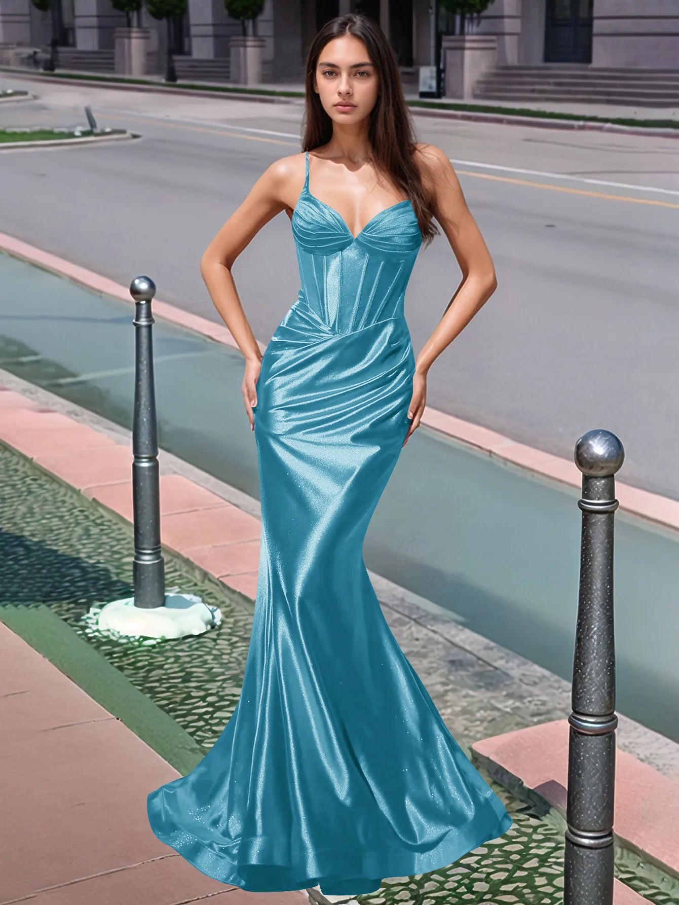 Vestido de fiesta largo de sirena con escote en V plisado y fruncido