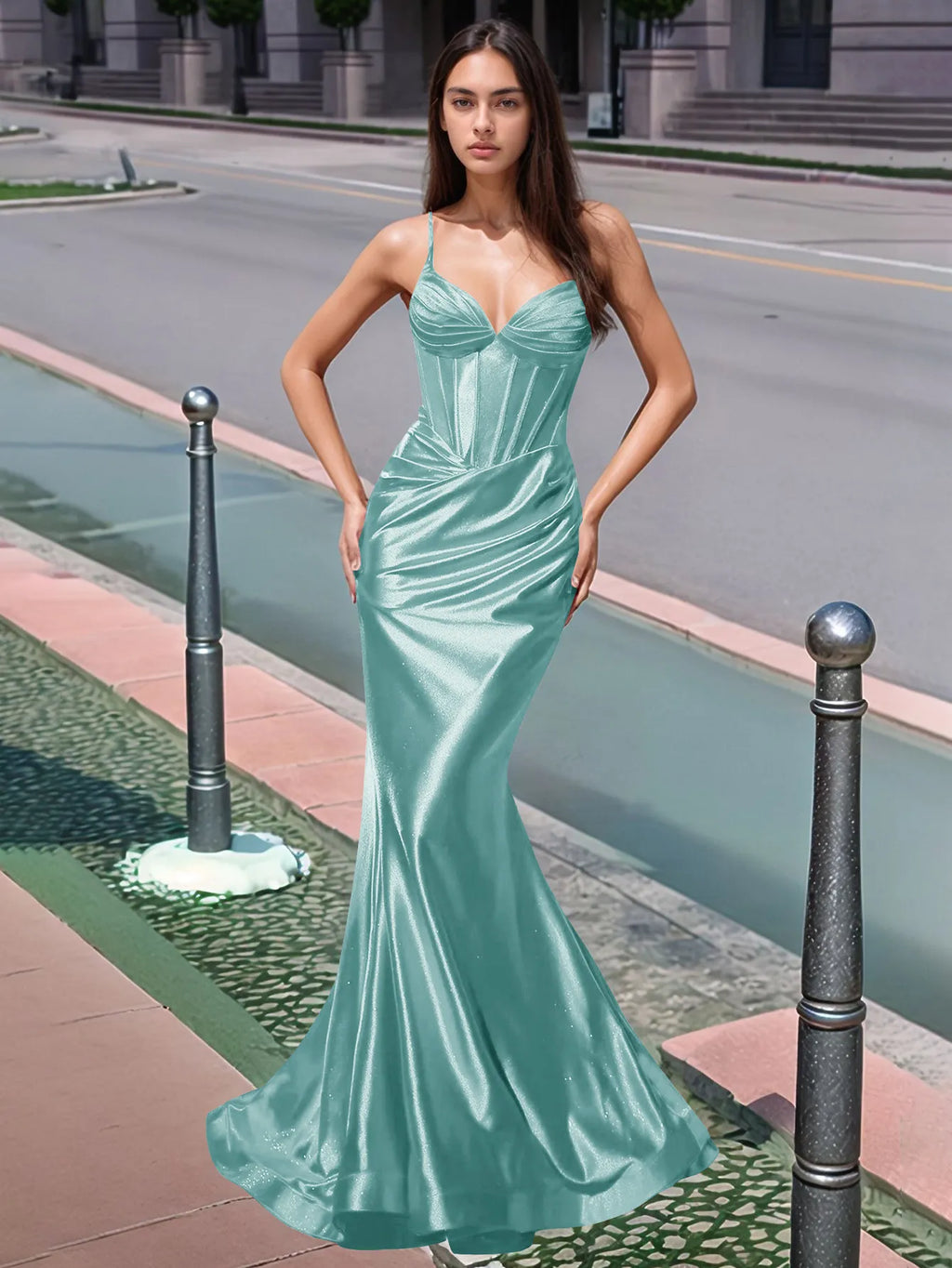 Plissiertes, langes Meerjungfrauen-Abendkleid mit V-Ausschnitt und Oberteil