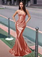 Plissiertes, langes Meerjungfrauen-Abendkleid mit V-Ausschnitt und Oberteil