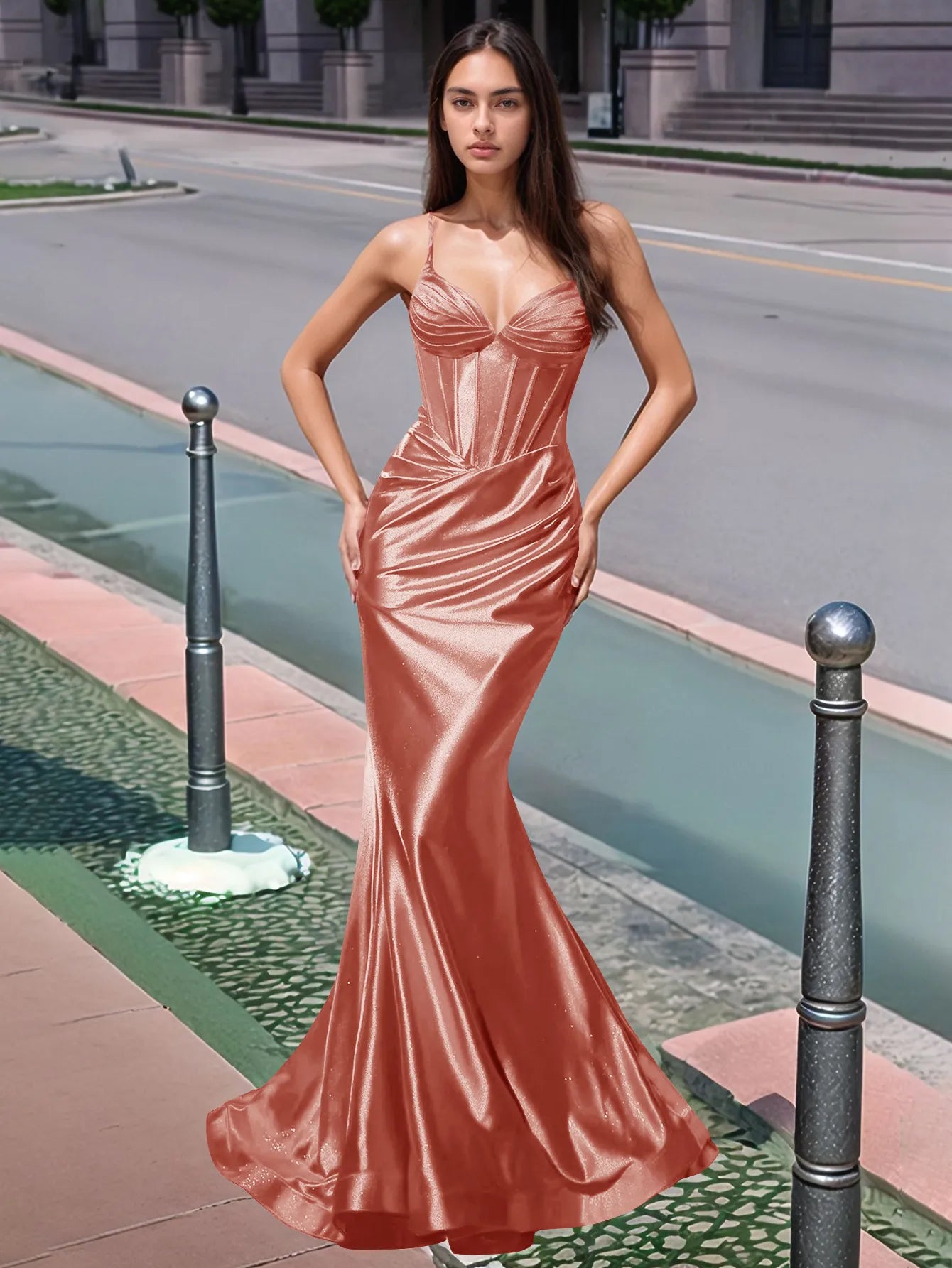 Vestido de fiesta largo de sirena con escote en V plisado y fruncido