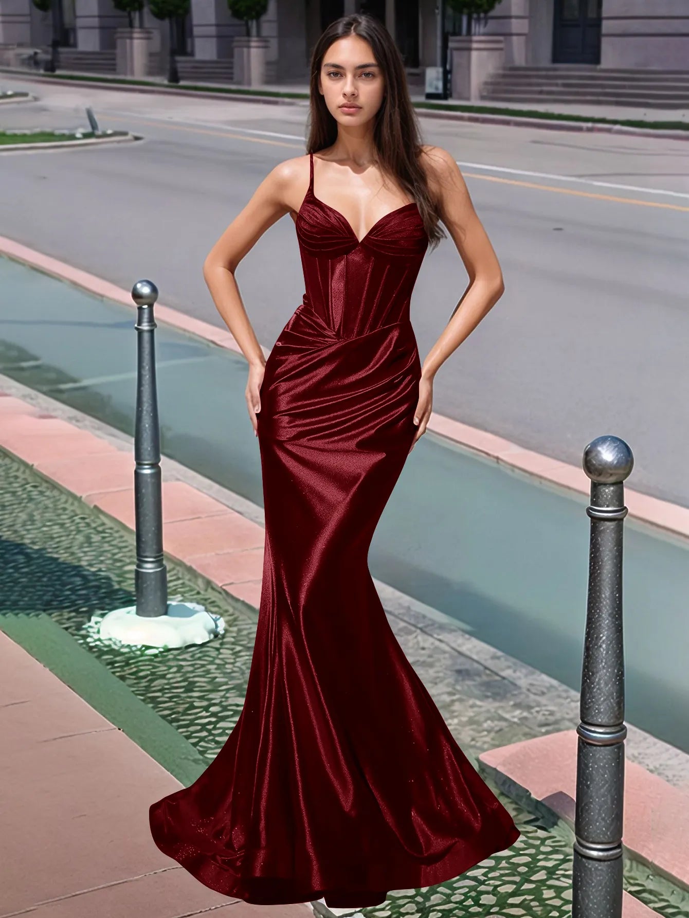 Vestido de fiesta largo de sirena con escote en V plisado y fruncido