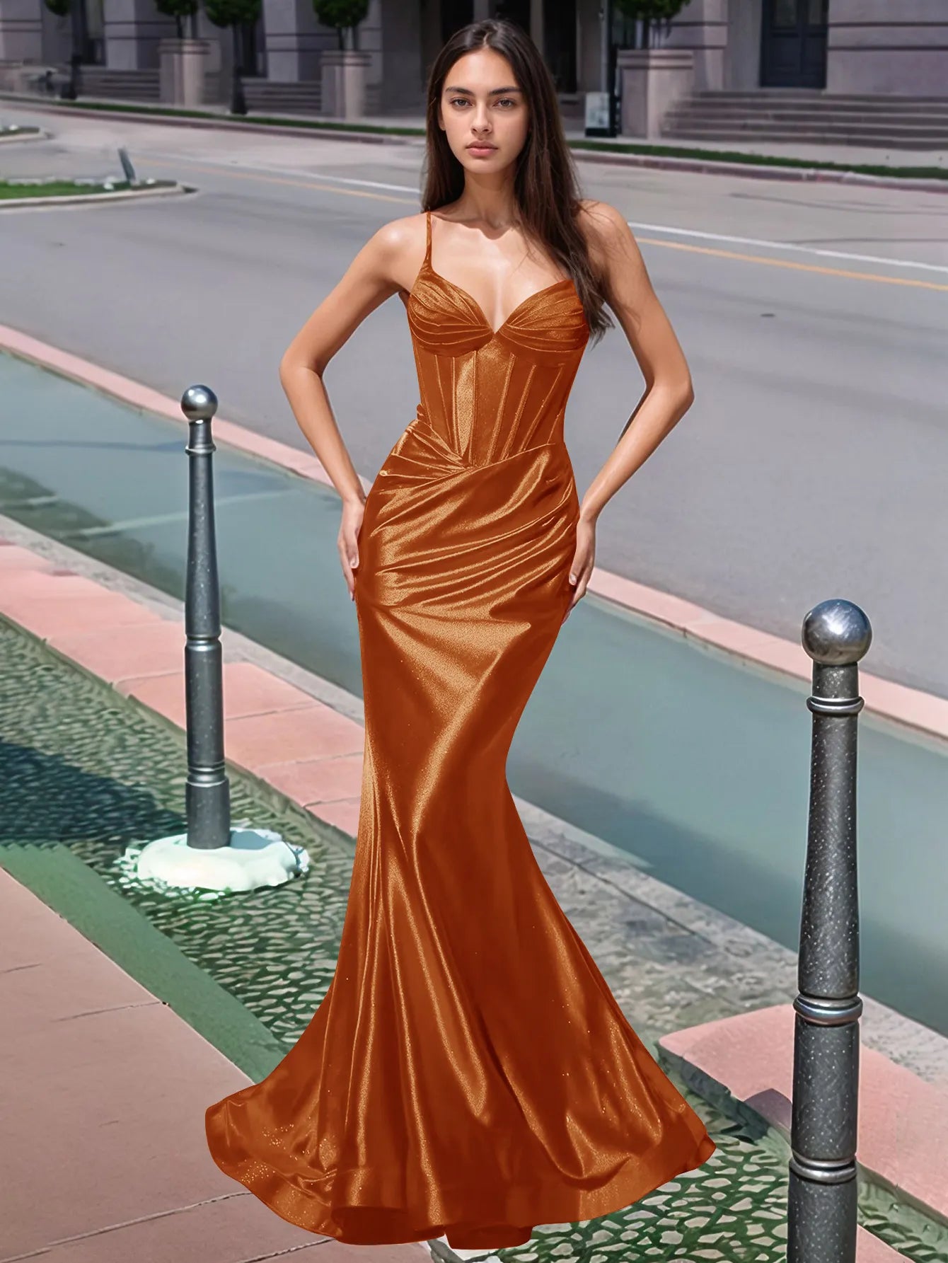Vestido de fiesta largo de sirena con escote en V plisado y fruncido