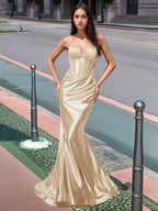 Plissiertes, langes Meerjungfrauen-Abendkleid mit V-Ausschnitt und Oberteil