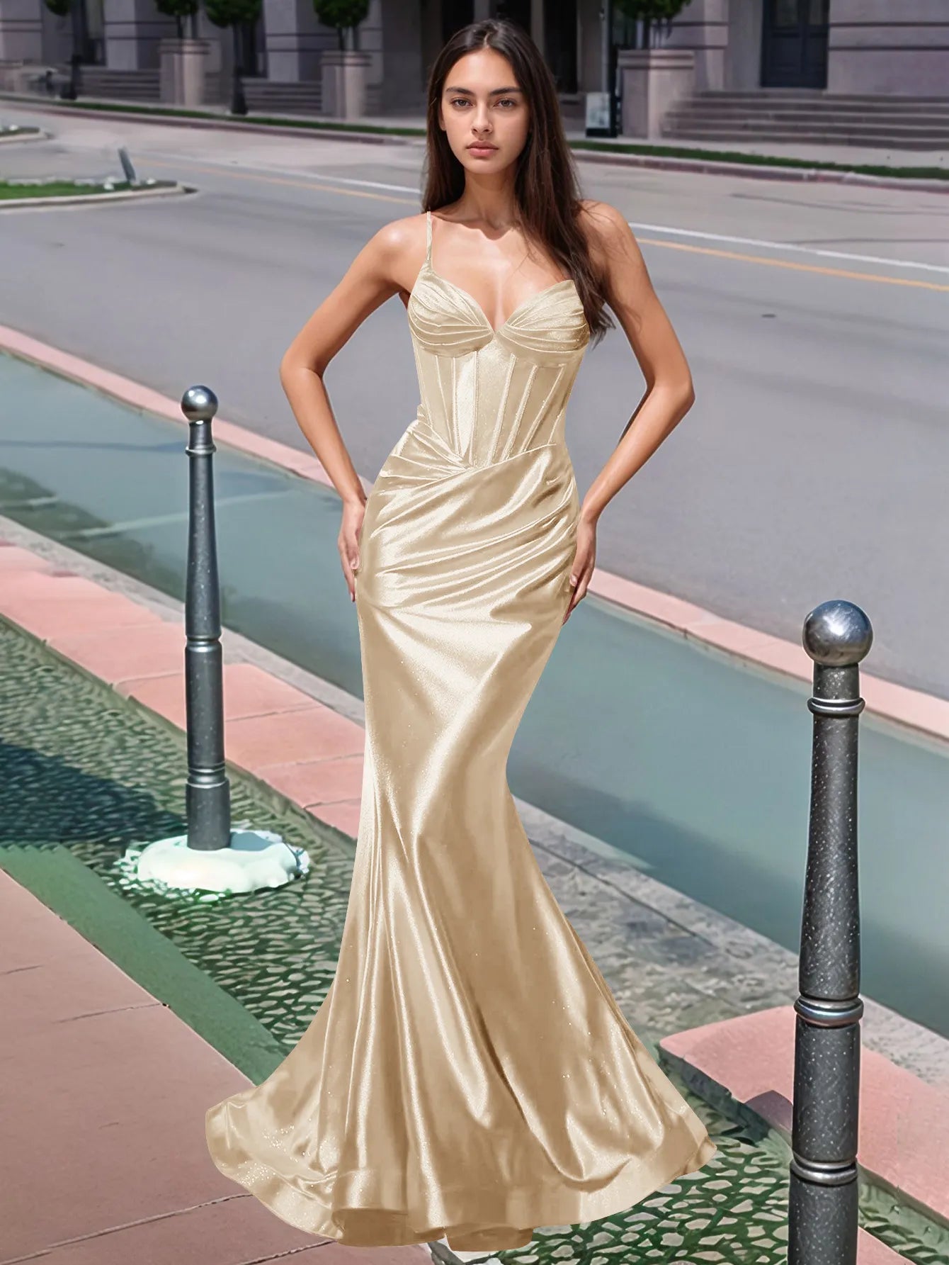 Vestido de fiesta largo de sirena con escote en V plisado y fruncido