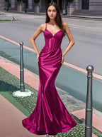 Plissiertes, langes Meerjungfrauen-Abendkleid mit V-Ausschnitt und Oberteil