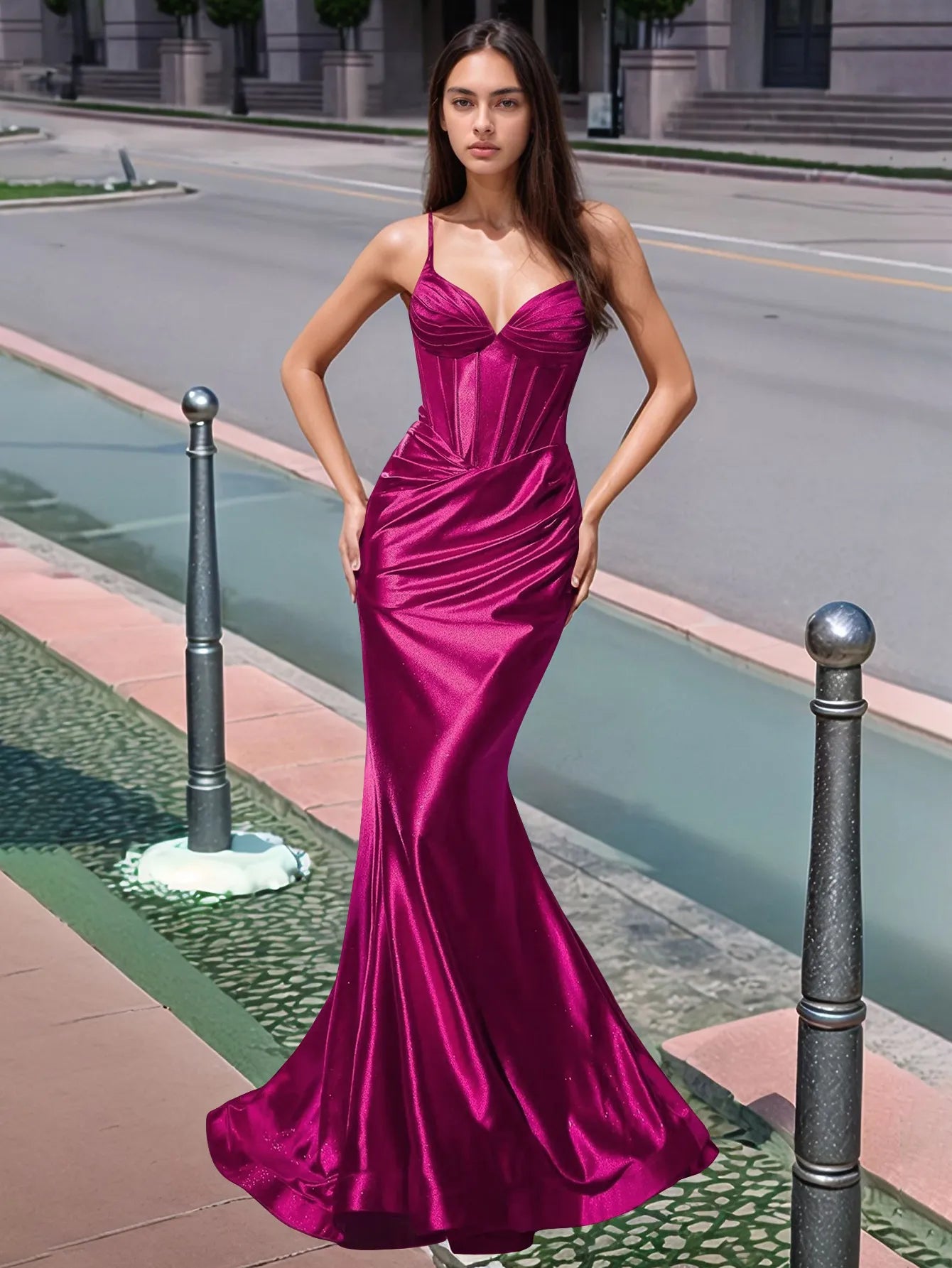 Vestido de fiesta largo de sirena con escote en V plisado y fruncido