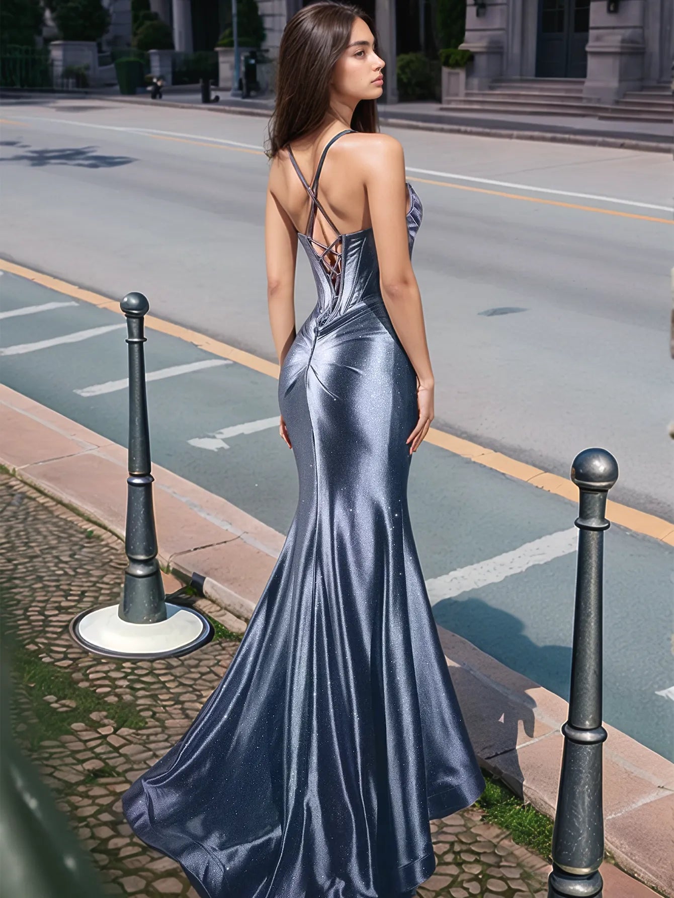Vestido de fiesta largo de sirena con escote en V plisado y fruncido