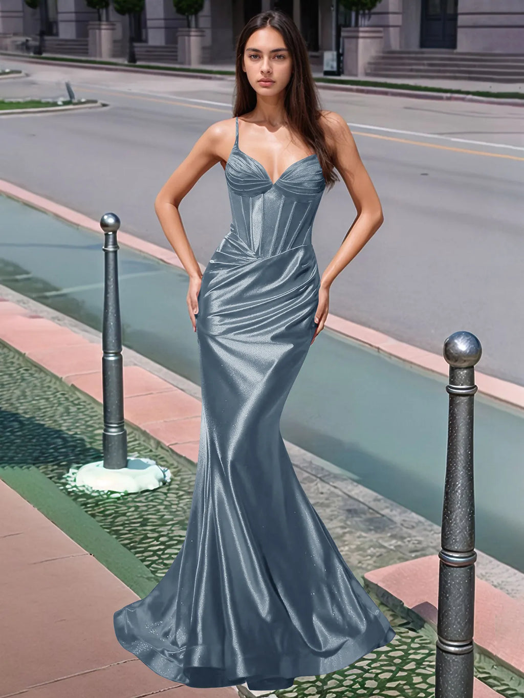 Plissiertes, langes Meerjungfrauen-Abendkleid mit V-Ausschnitt und Oberteil