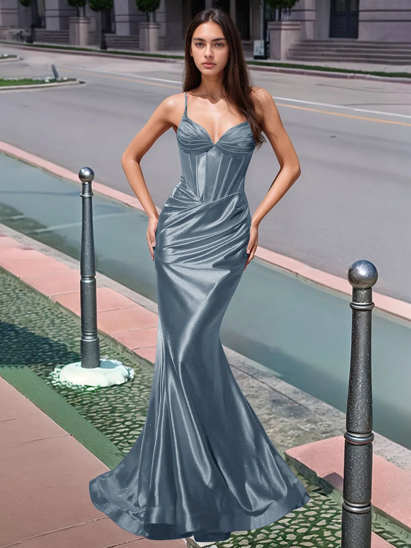 Vestido de fiesta largo de sirena con escote en V plisado y fruncido