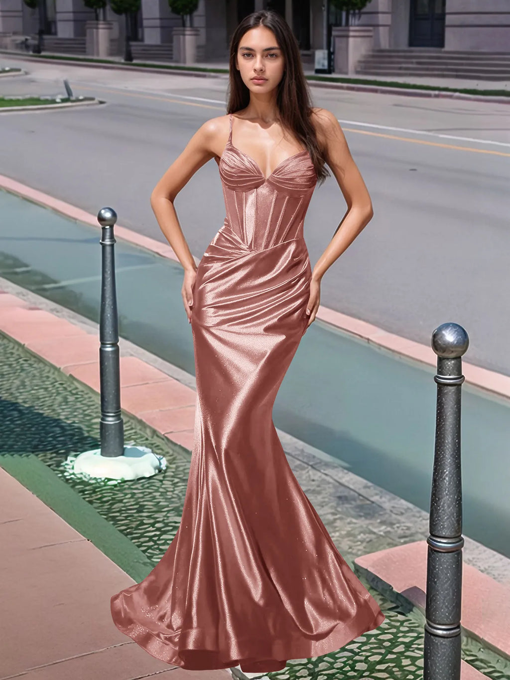 Plissiertes, langes Meerjungfrauen-Abendkleid mit V-Ausschnitt und Oberteil