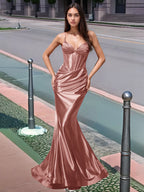 Plissiertes, langes Meerjungfrauen-Abendkleid mit V-Ausschnitt und Oberteil