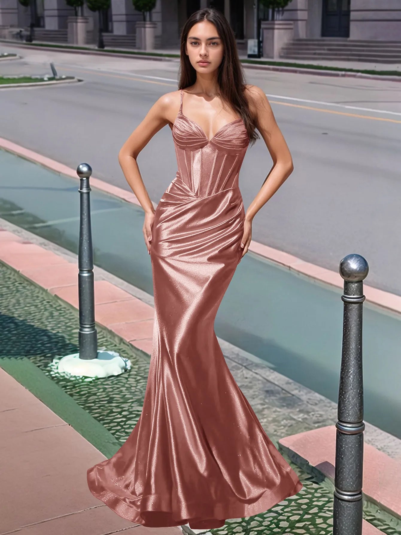Vestido de fiesta largo de sirena con escote en V plisado y fruncido