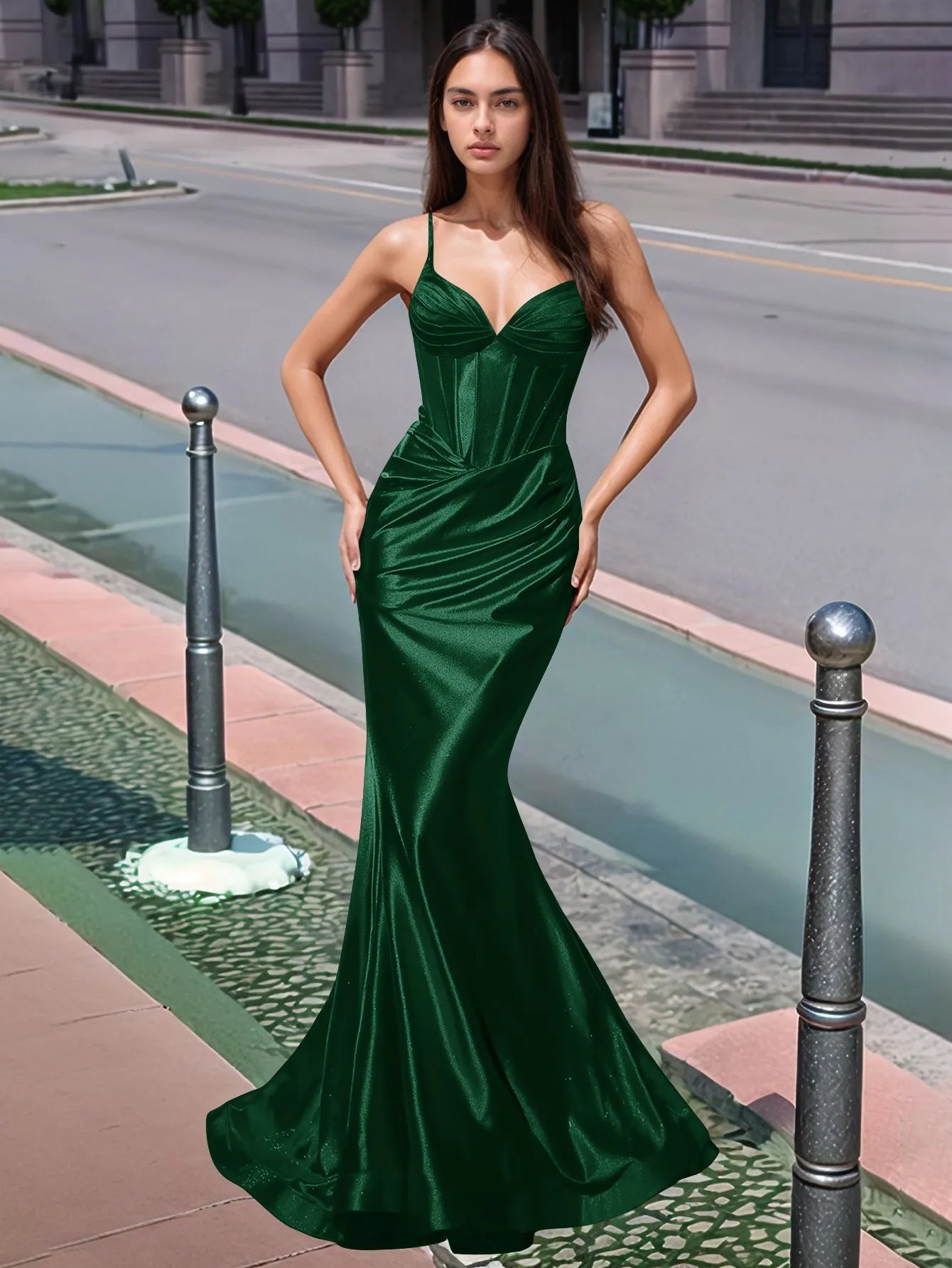 Vestido de fiesta largo de sirena con escote en V plisado y fruncido