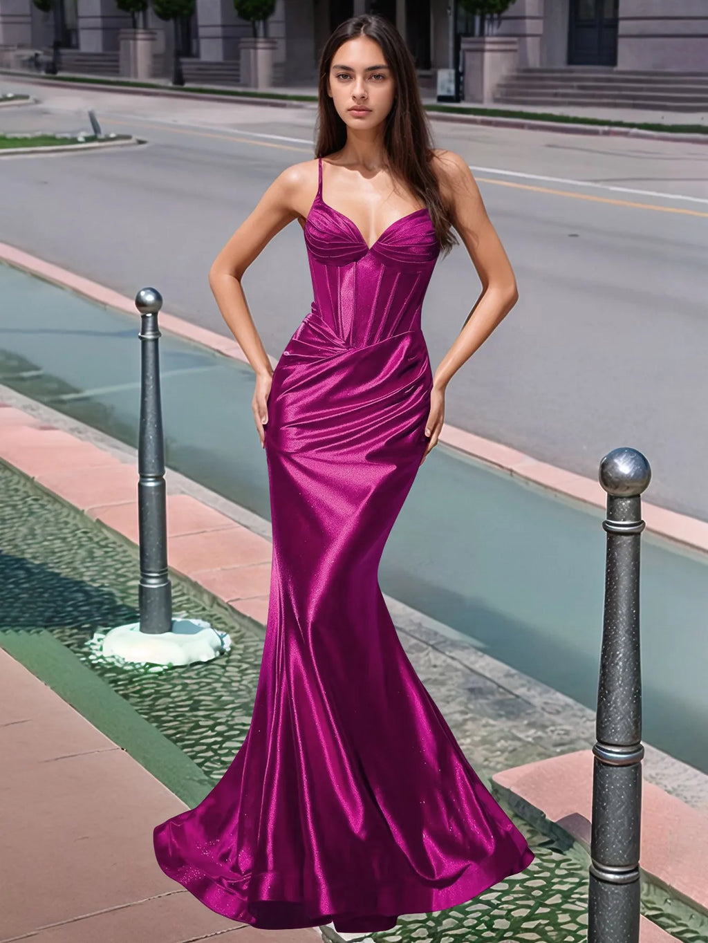 Plissiertes, langes Meerjungfrauen-Abendkleid mit V-Ausschnitt und Oberteil