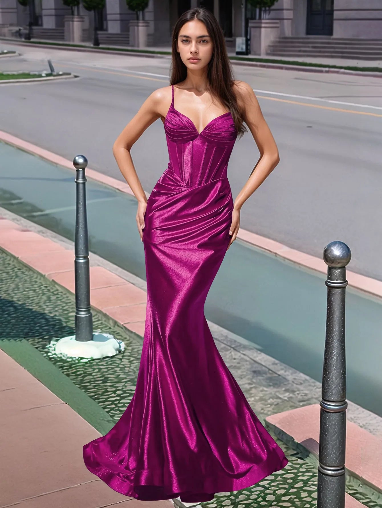 Vestido de fiesta largo de sirena con escote en V plisado y fruncido