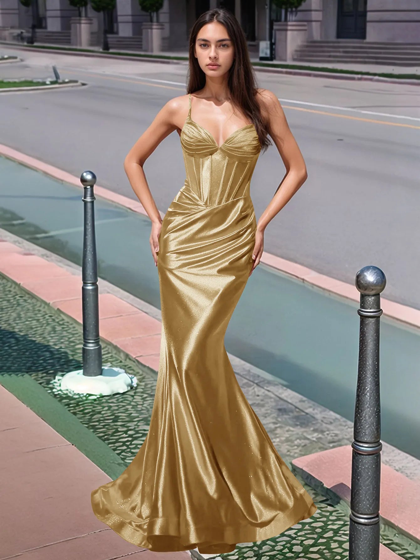 Vestido de fiesta largo de sirena con escote en V plisado y fruncido