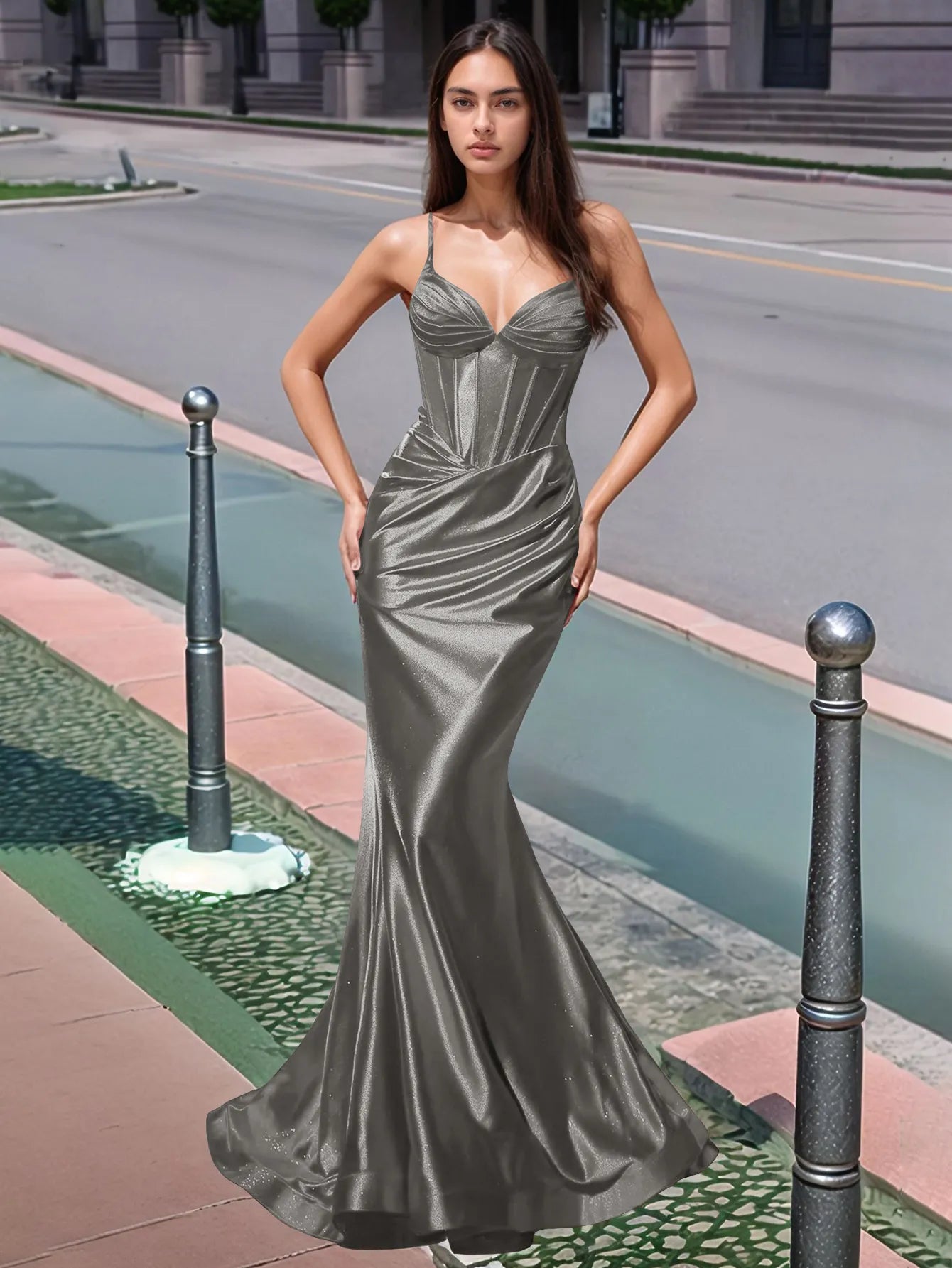 Vestido de fiesta largo de sirena con escote en V plisado y fruncido