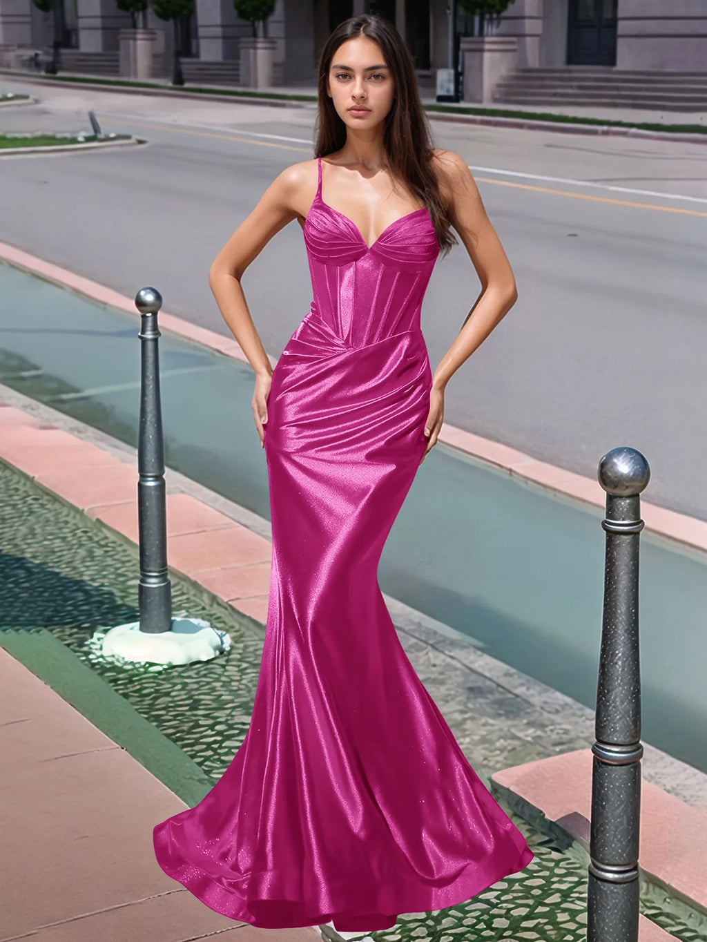 Plissiertes, langes Meerjungfrauen-Abendkleid mit V-Ausschnitt und Oberteil