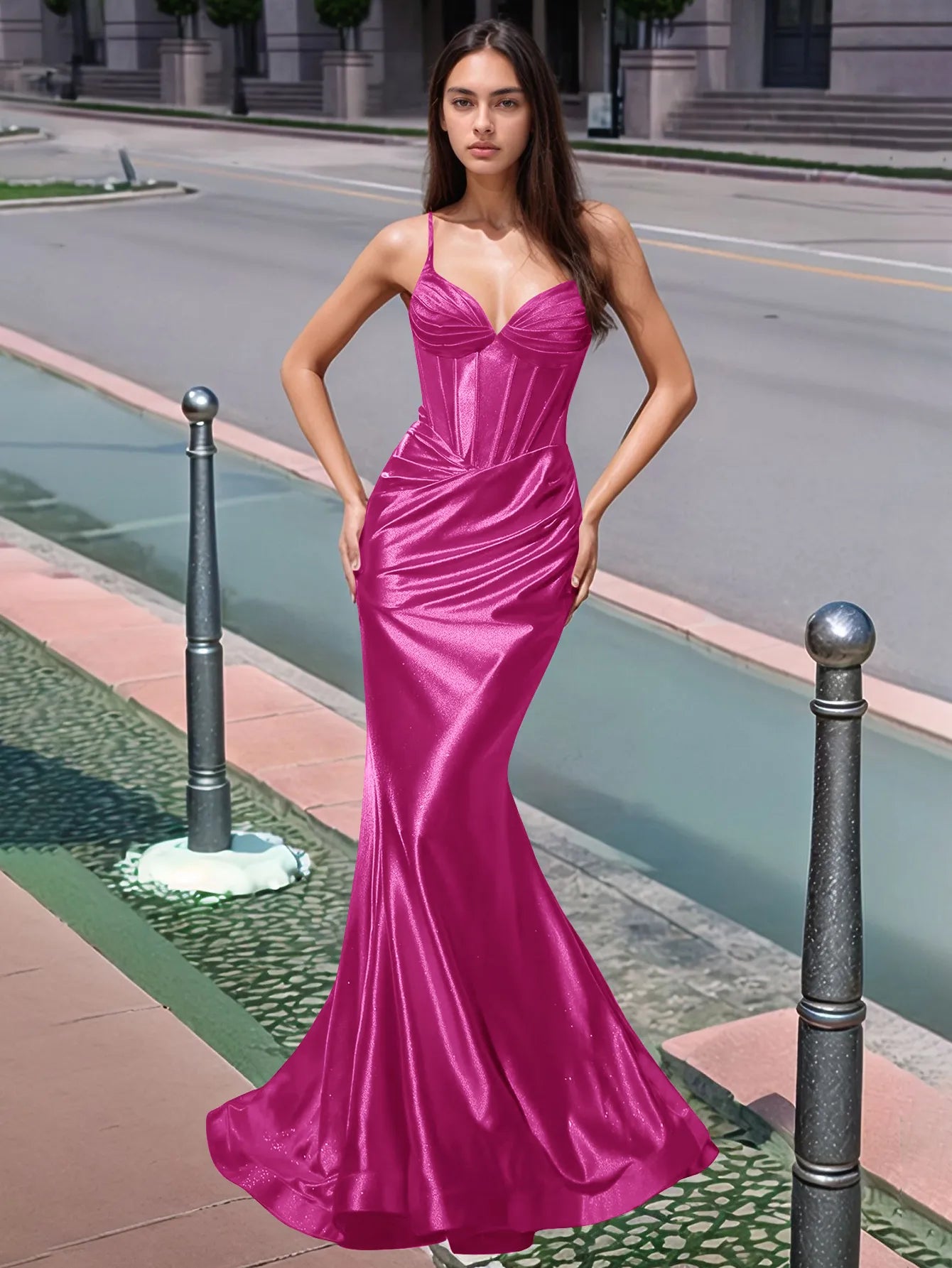 Vestido de fiesta largo de sirena con escote en V plisado y fruncido