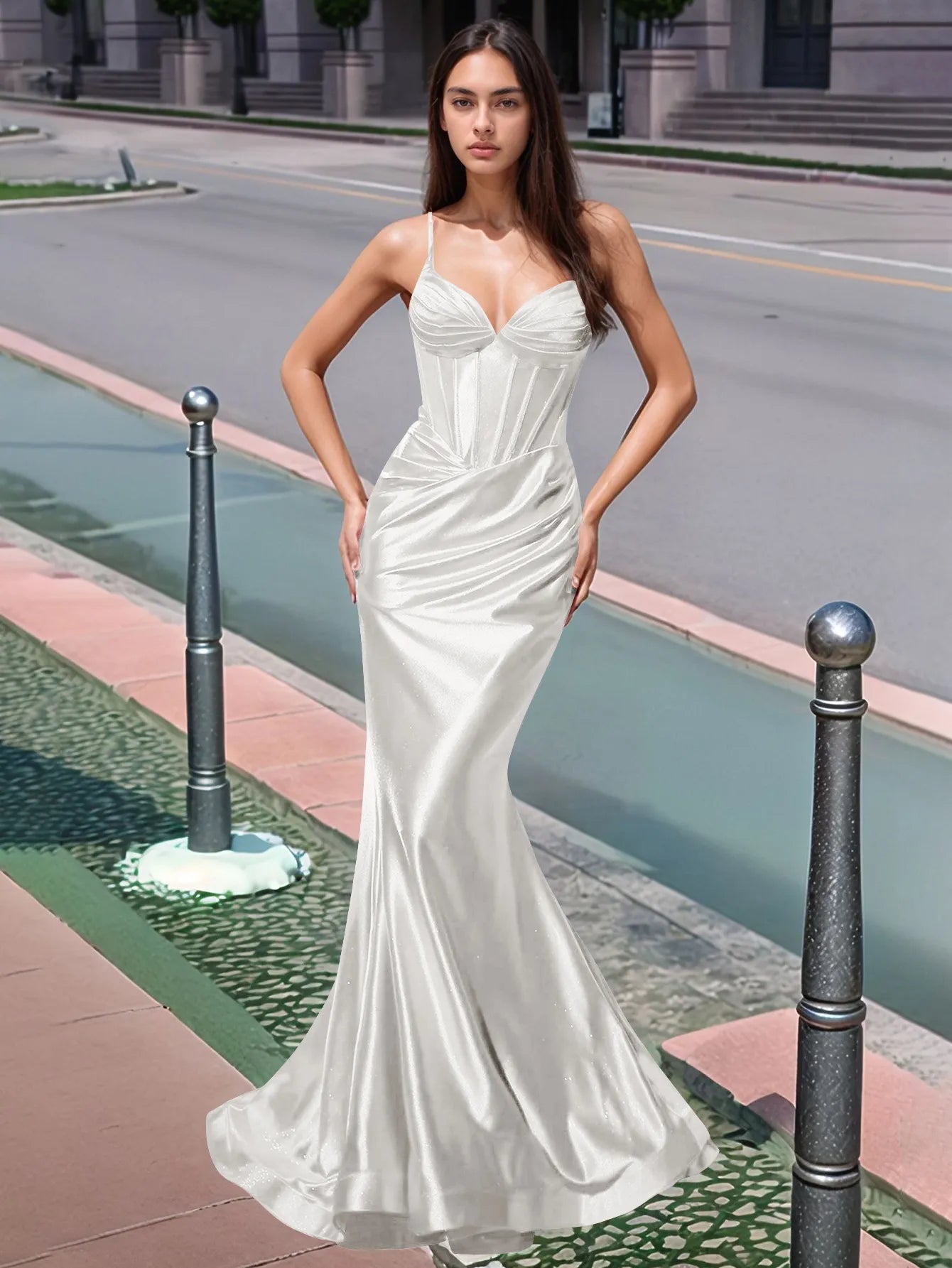 Vestido de fiesta largo de sirena con escote en V plisado y fruncido