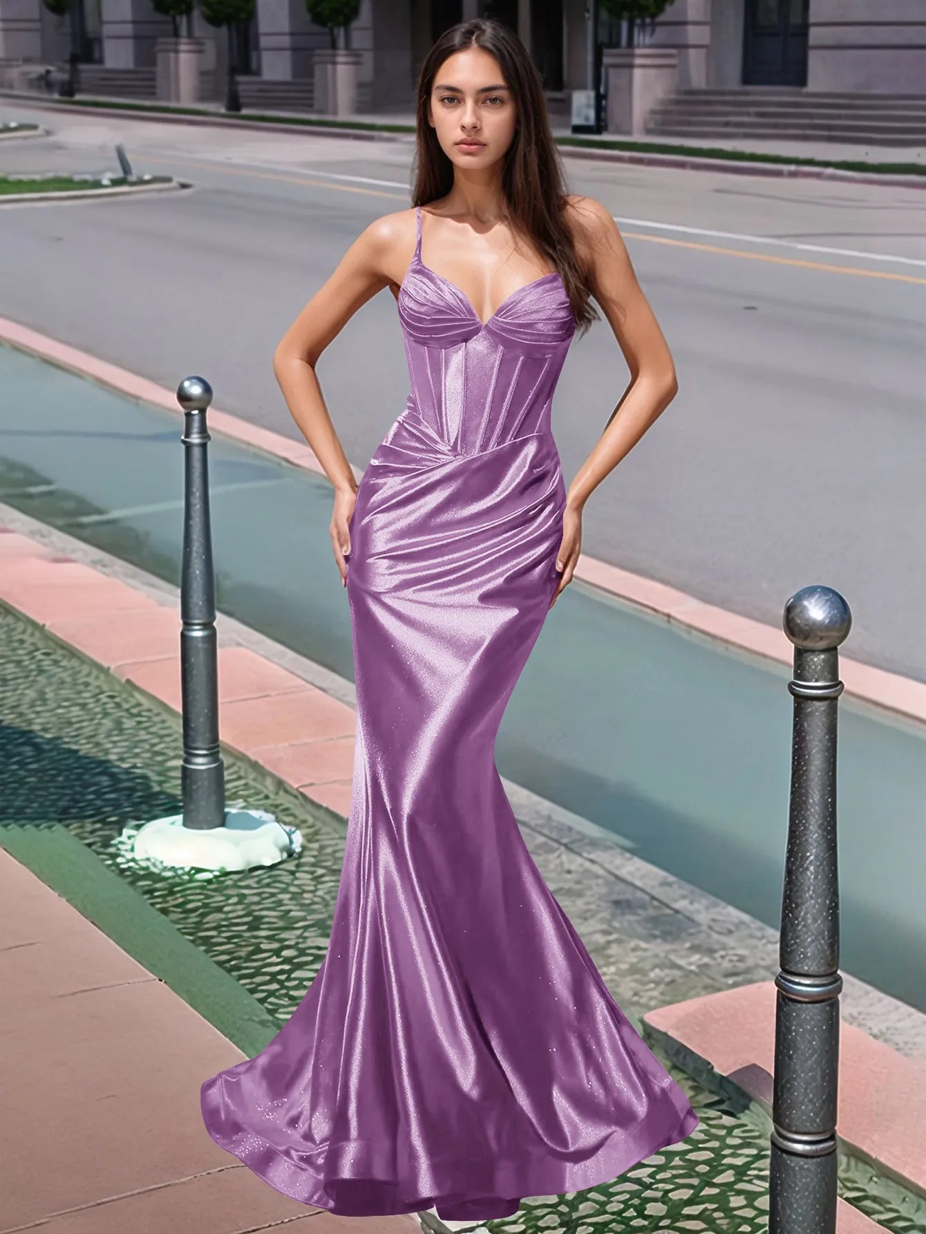 Vestido de fiesta largo de sirena con escote en V plisado y fruncido