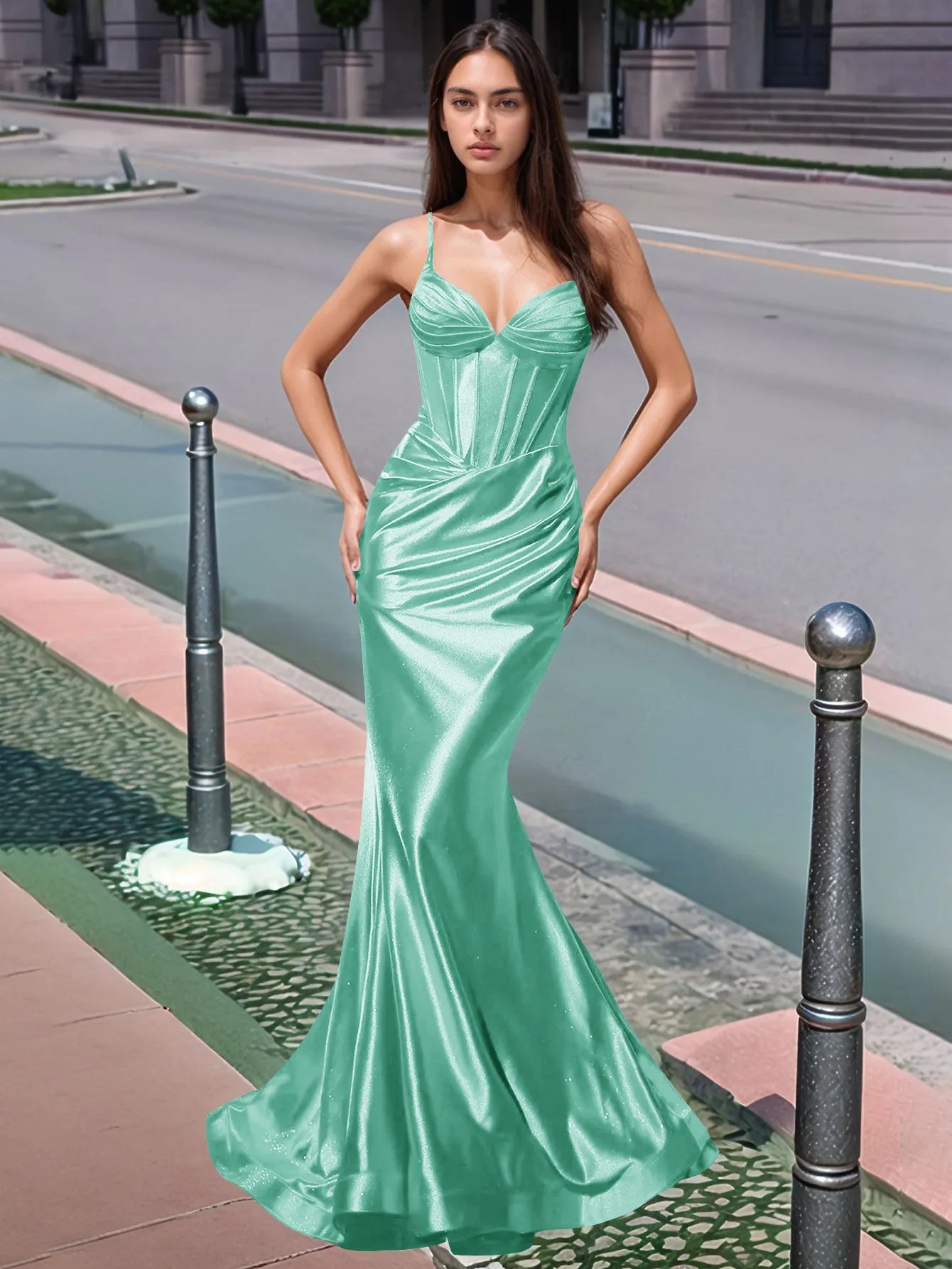 Vestido de fiesta largo de sirena con escote en V plisado y fruncido