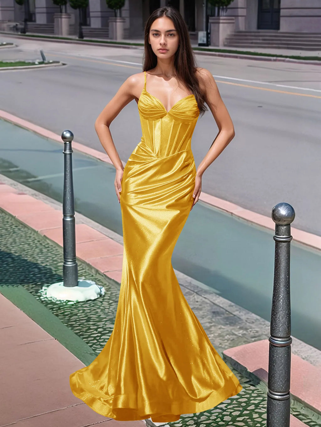 Plissiertes, langes Meerjungfrauen-Abendkleid mit V-Ausschnitt und Oberteil
