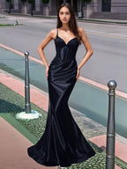 Plissiertes, langes Meerjungfrauen-Abendkleid mit V-Ausschnitt und Oberteil