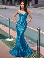 Plissiertes, langes Meerjungfrauen-Abendkleid mit V-Ausschnitt und Oberteil