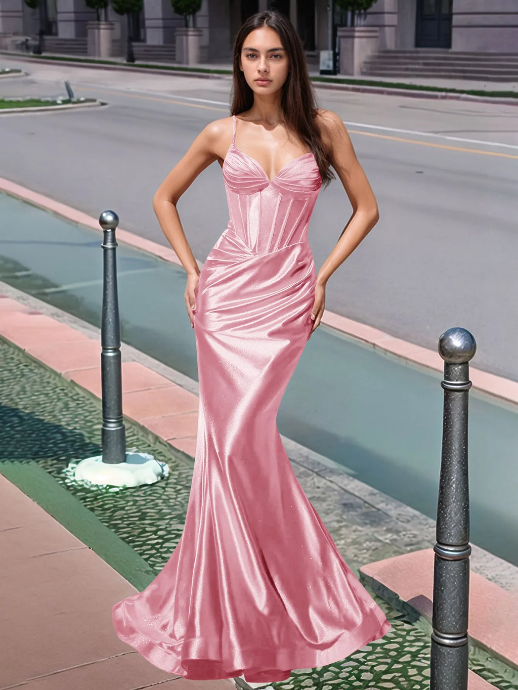 Plissiertes, langes Meerjungfrauen-Abendkleid mit V-Ausschnitt und Oberteil